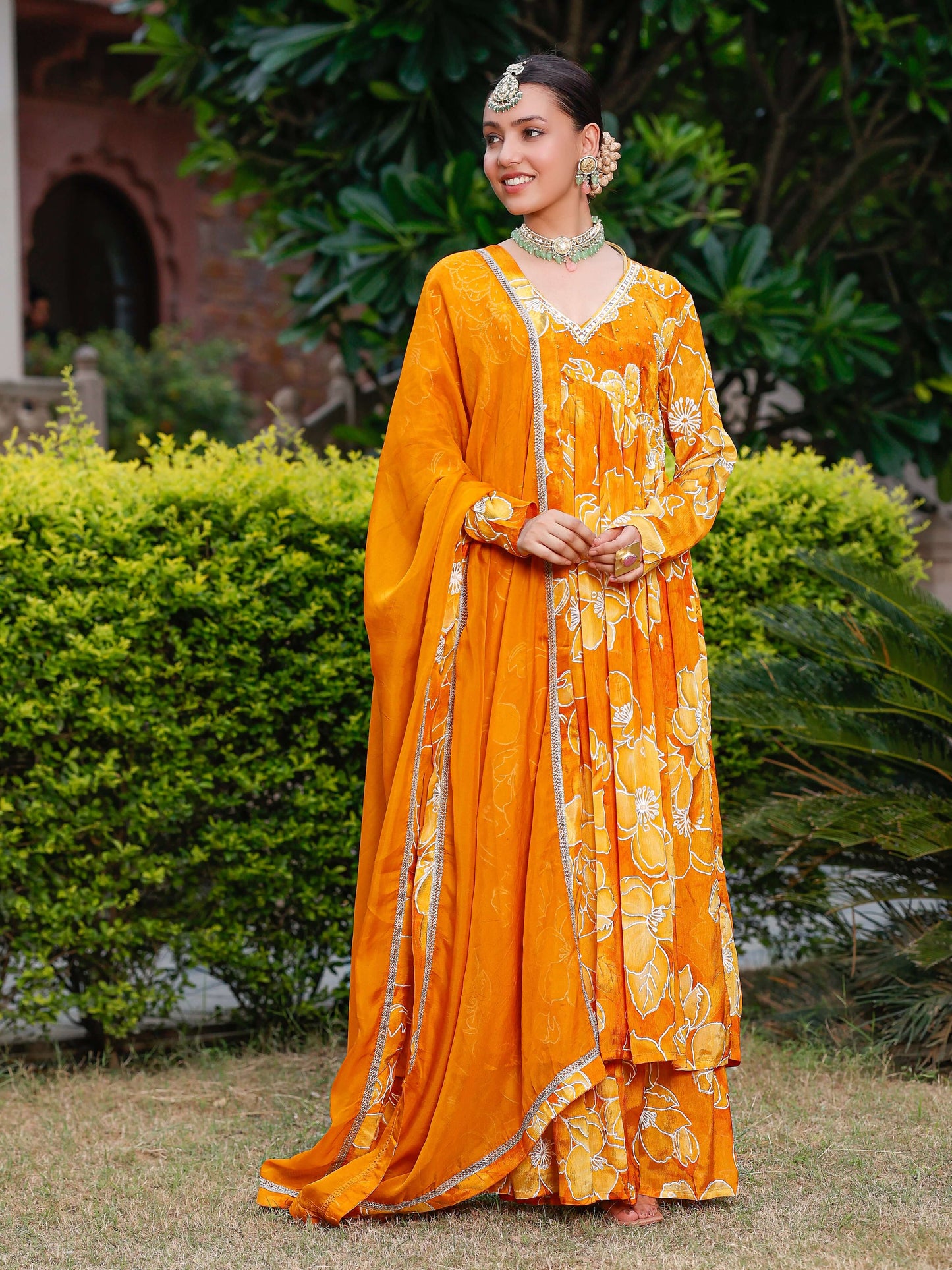 Gold Yellow printed Anarkali set