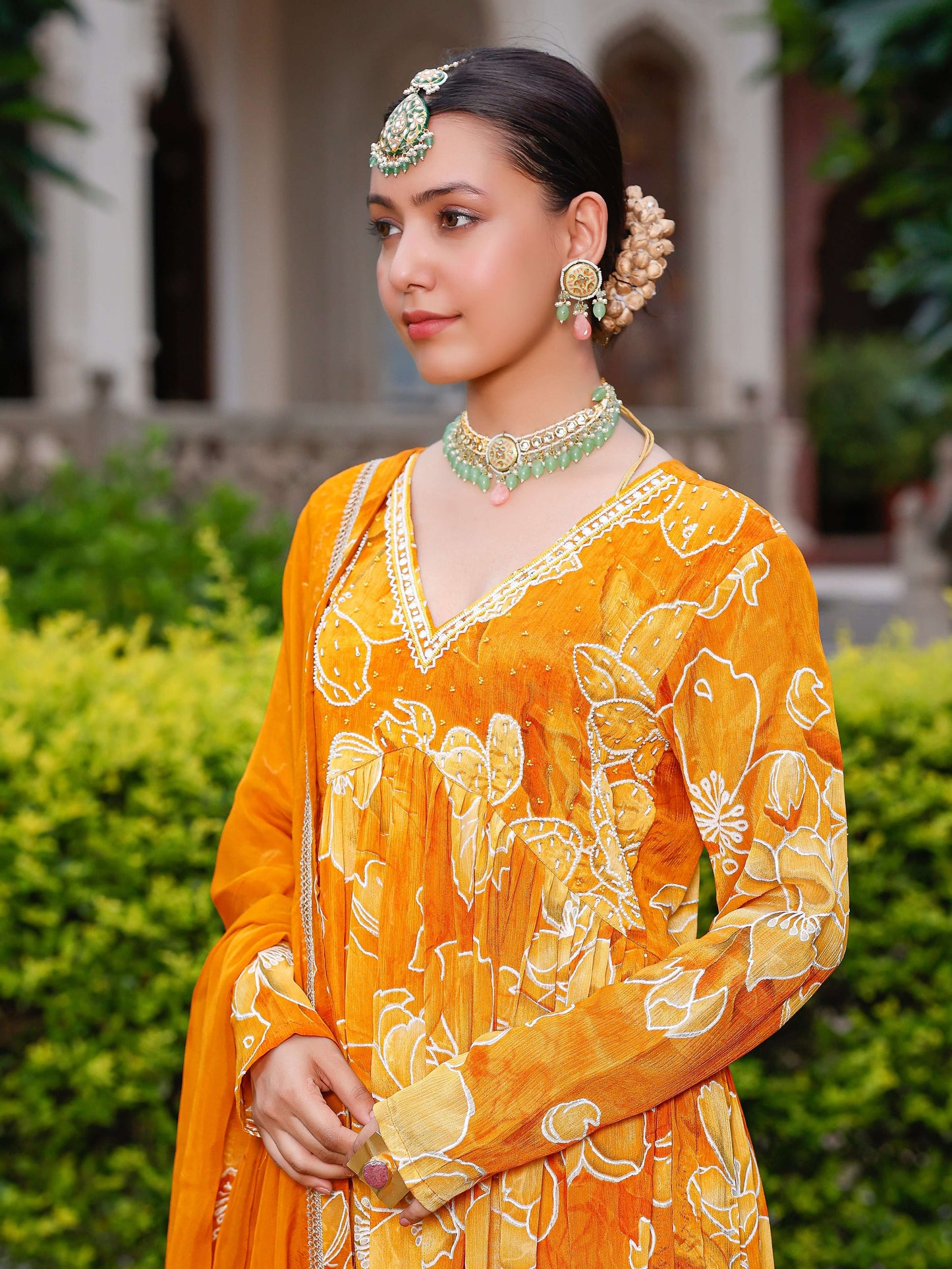 Gold Yellow printed Anarkali set