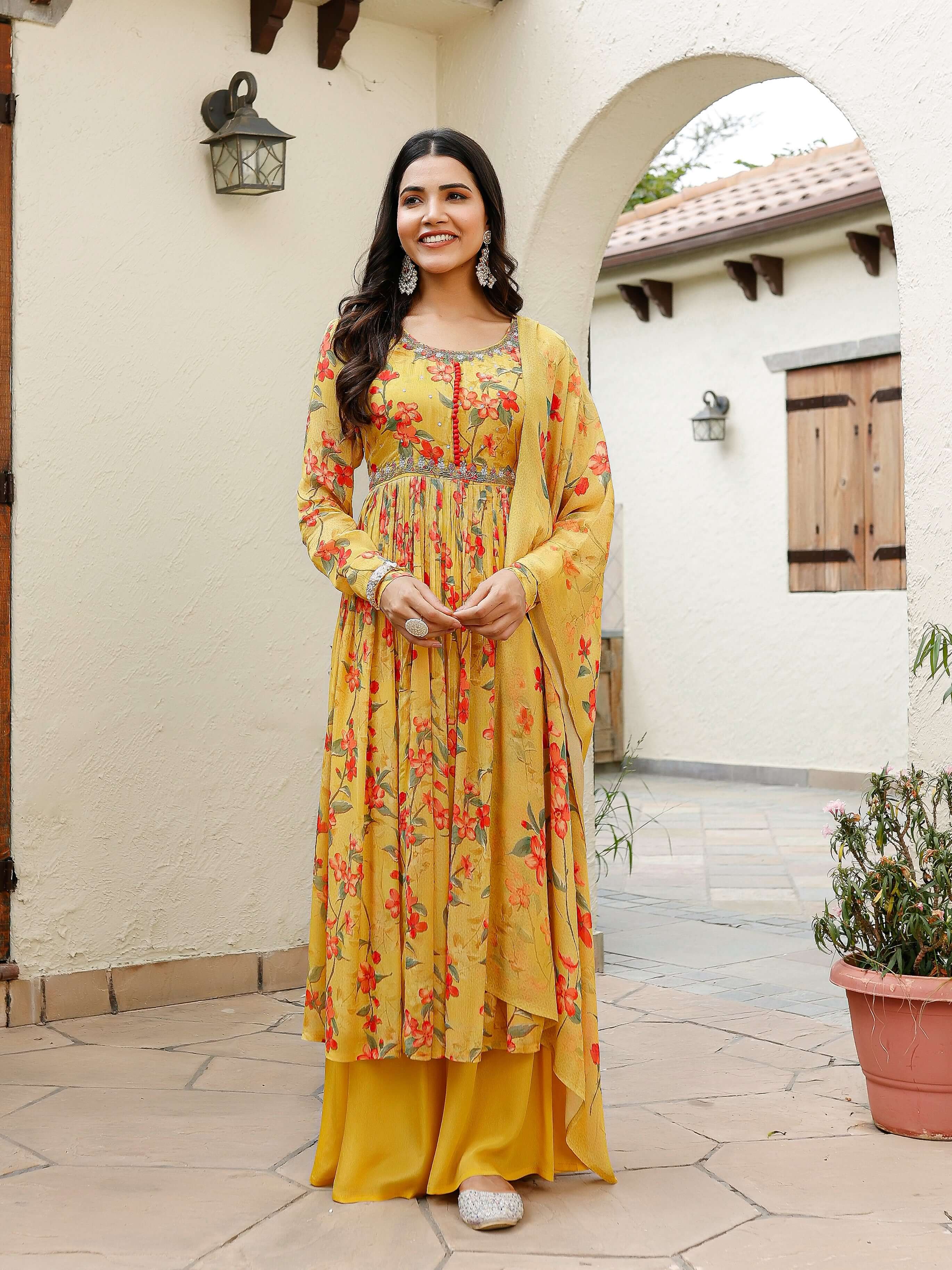 Yellow printed anarkali set