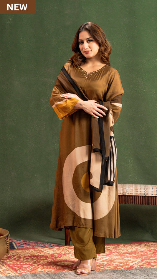 Olive Brown Elegance Pure Muslin Suit Set