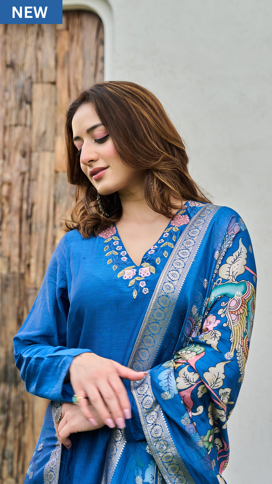 Indigo Blue Mul Chanderi Suit Set