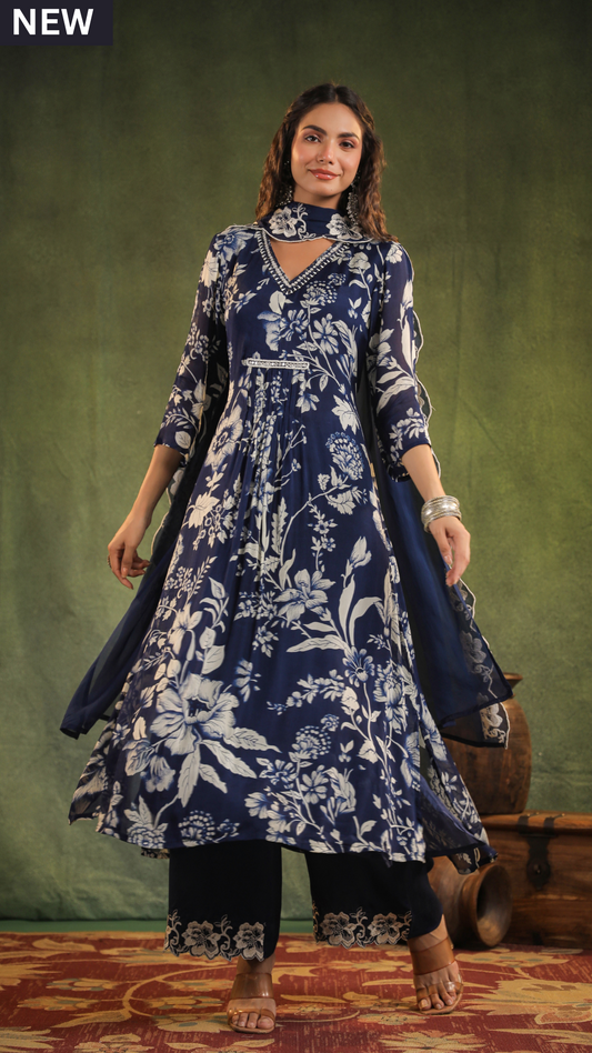Indigo Blue Chinnon Kurti Set