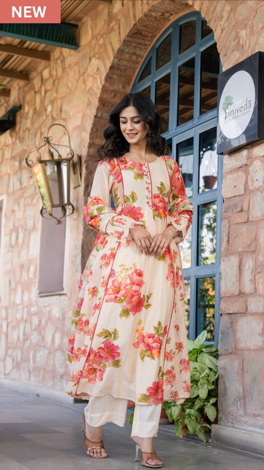 Cream Petals Mulmul Suit Set
