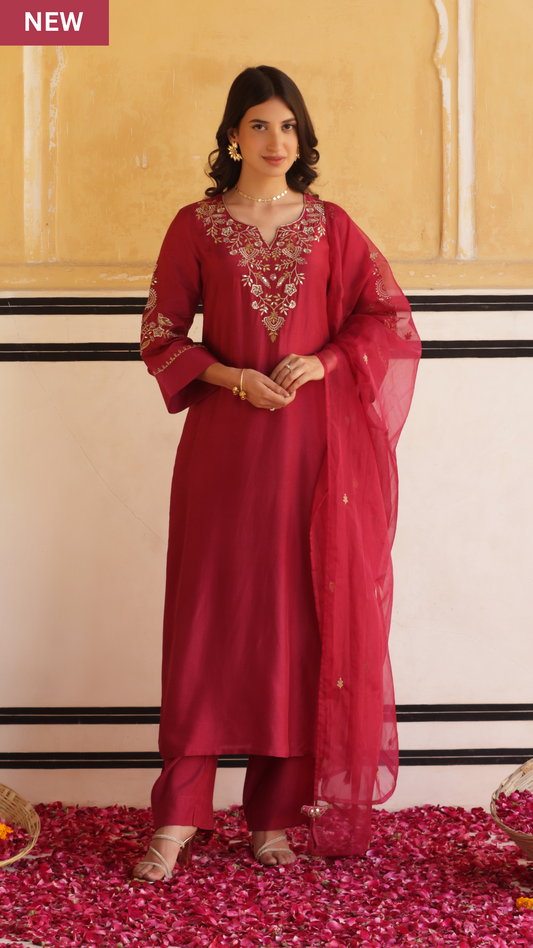 Ruby Maroon Silk Suit Set