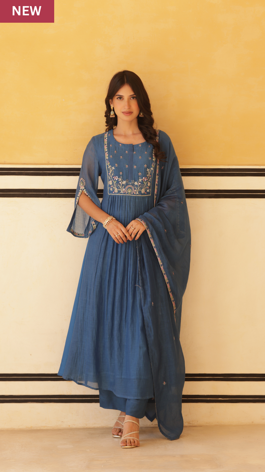 Royal Blue Pure Mul Chanderi Flared Kurta