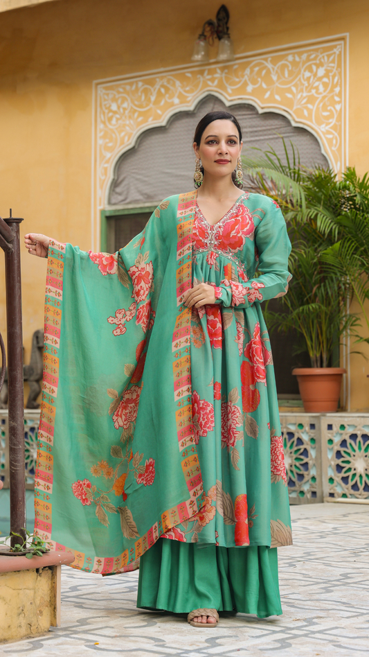 Green printed suit set in organza