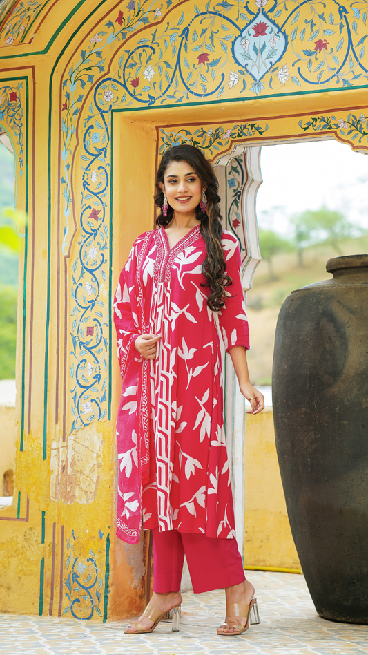 Rose Red Mulmul Kurta Set