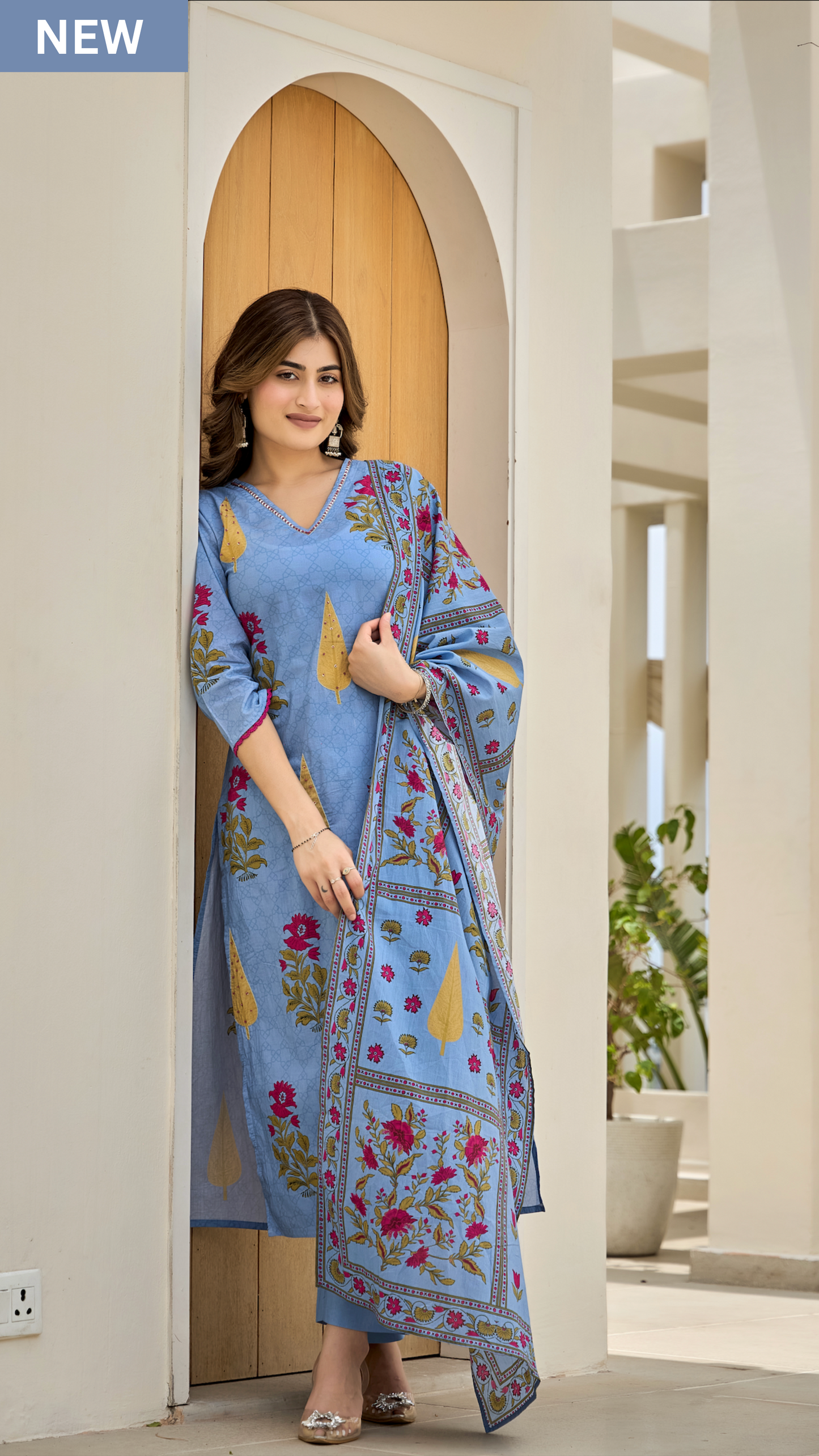 Ink Blue Leaf Cotton Suit Set