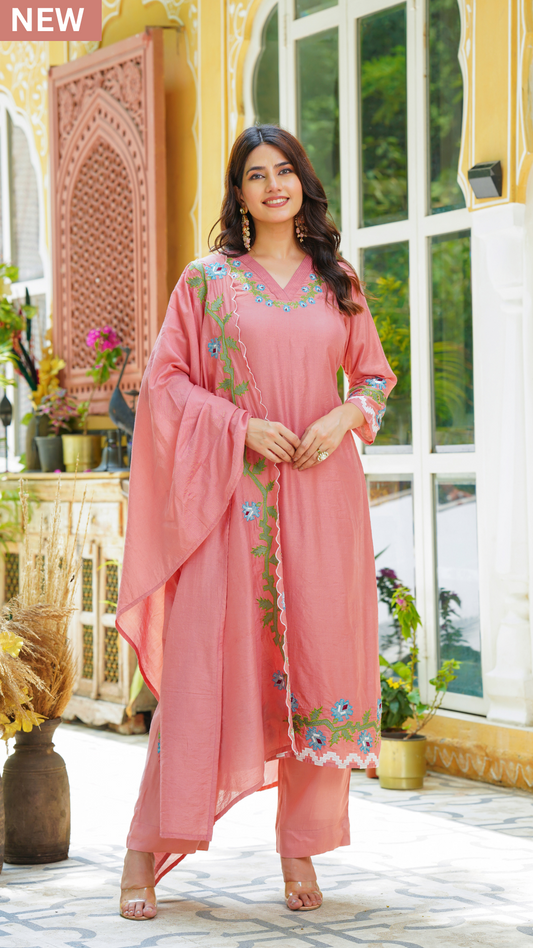 Pastel Peach Chanderi Kurti Set