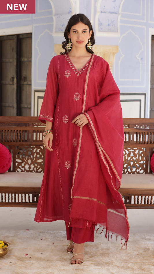 Rose Red Mul Chanderi Suit Set