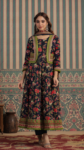 Blue Floral Anarkali Suit Set