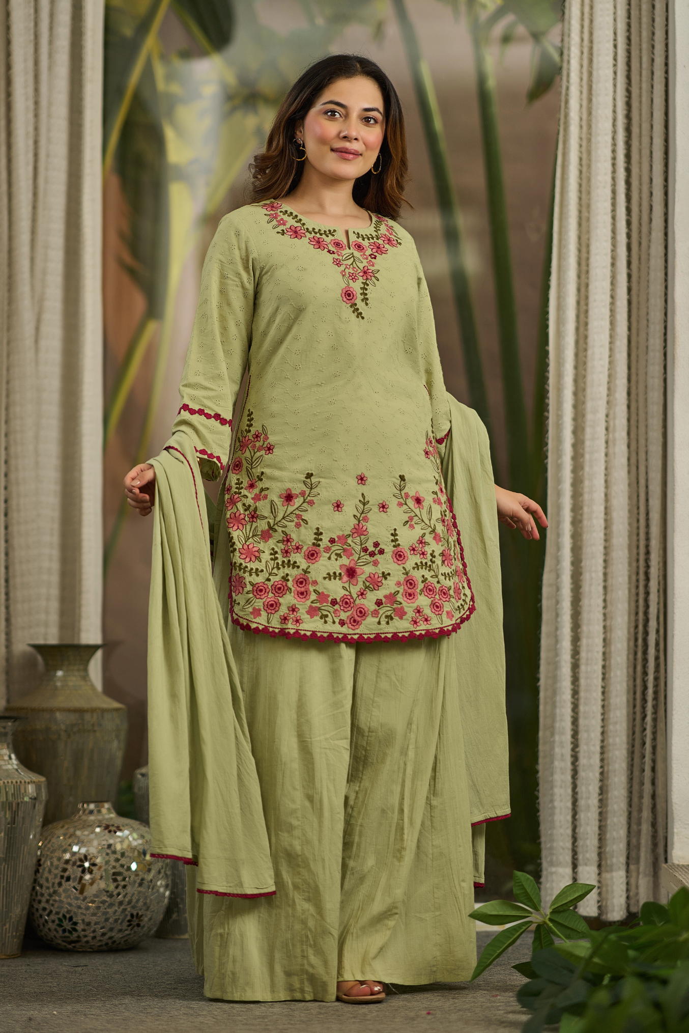 Olive Embroidered Suit Set