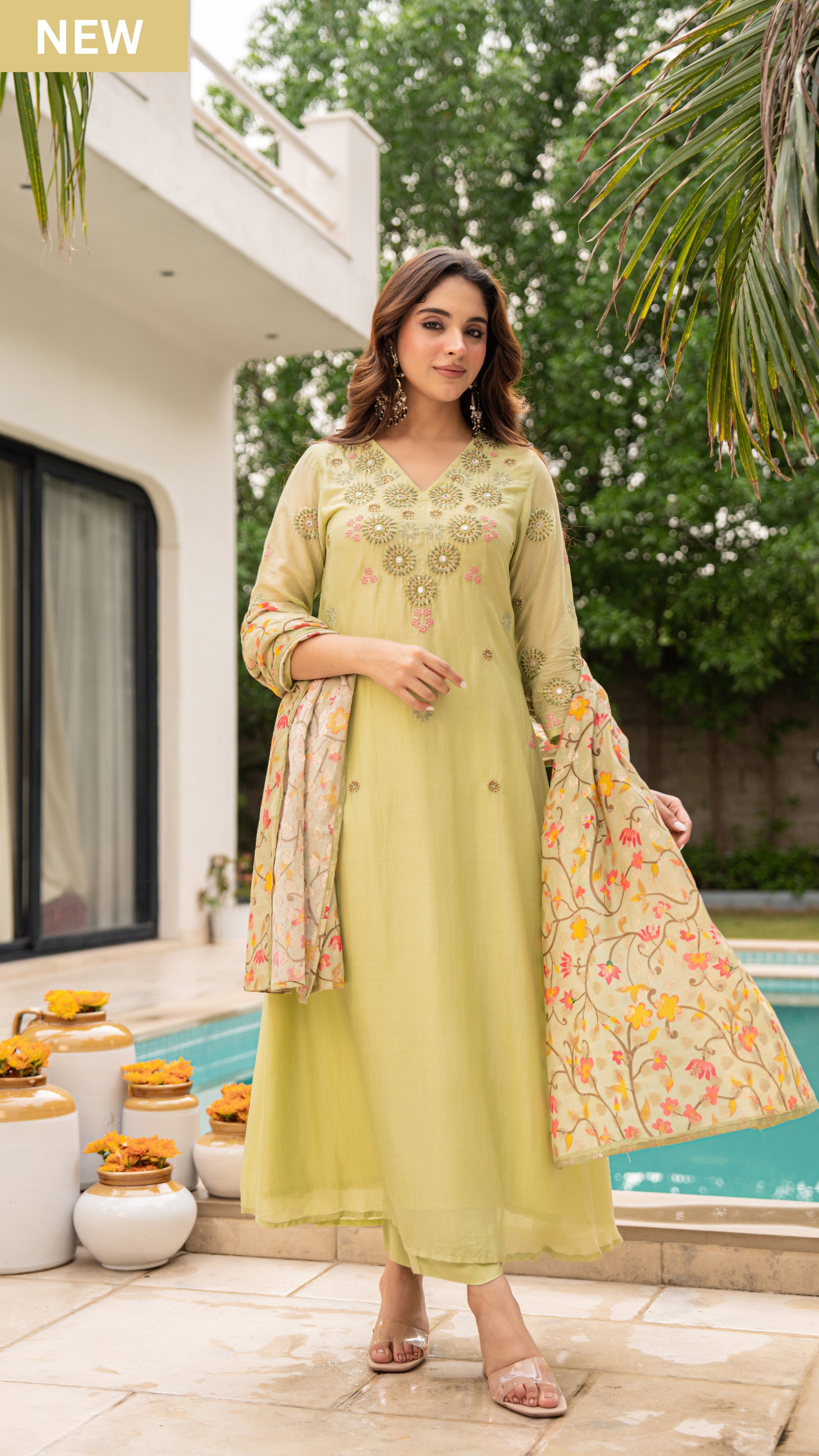 Lime Aura Sunsilk Embroidered Suit Set