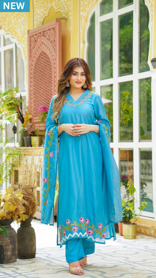 Blue Chanderi Kurti Set