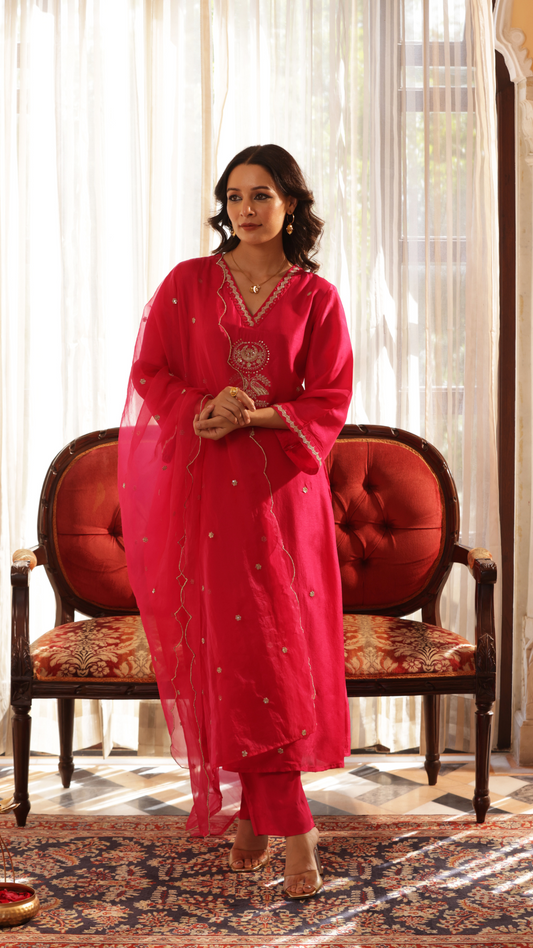 Bright Pink Silk Suit Set