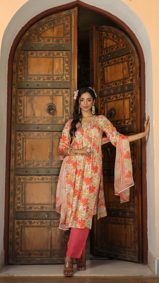 Floral Peach printed suit set