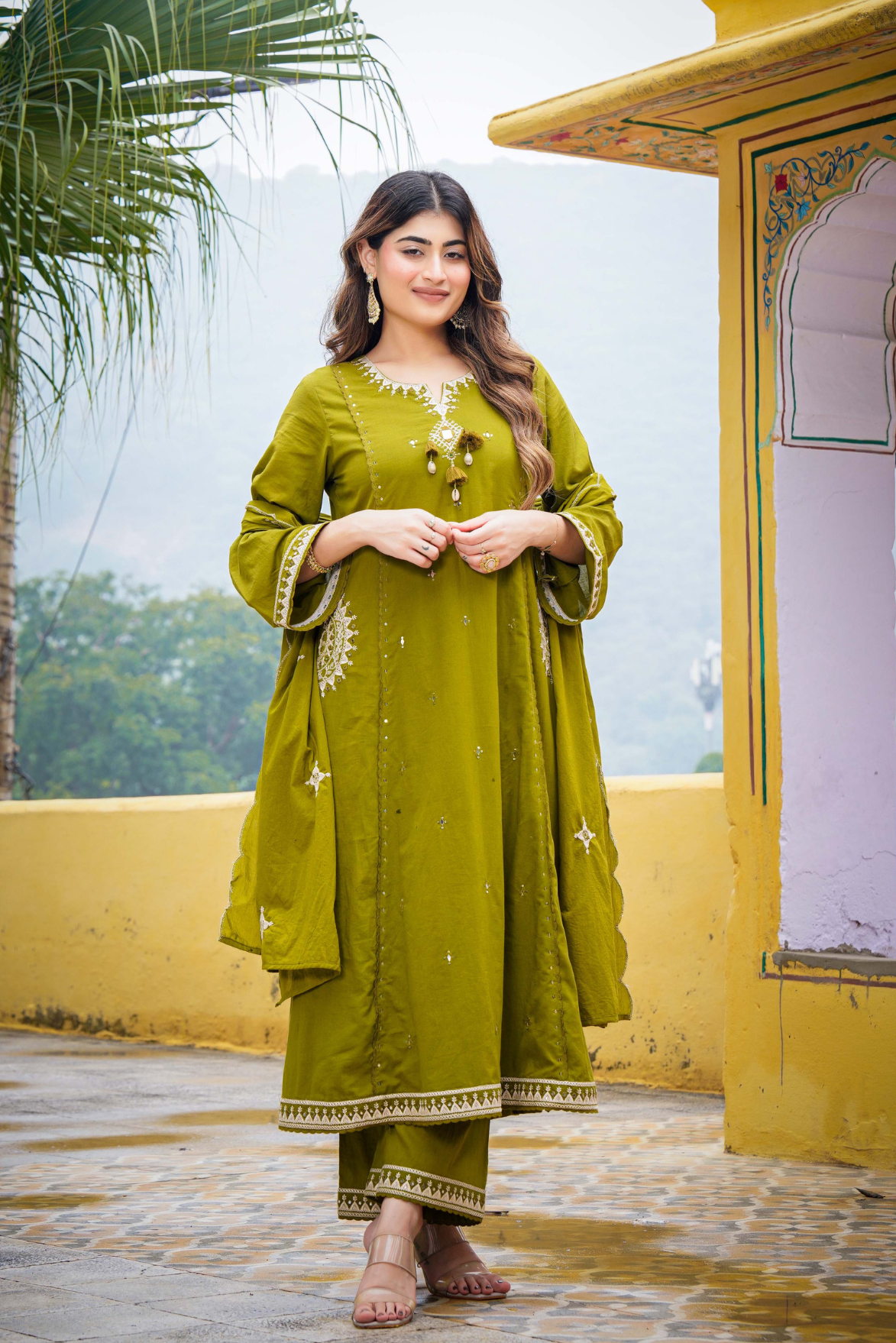 Olive Bloom Flared Mul Cotton Suit Set