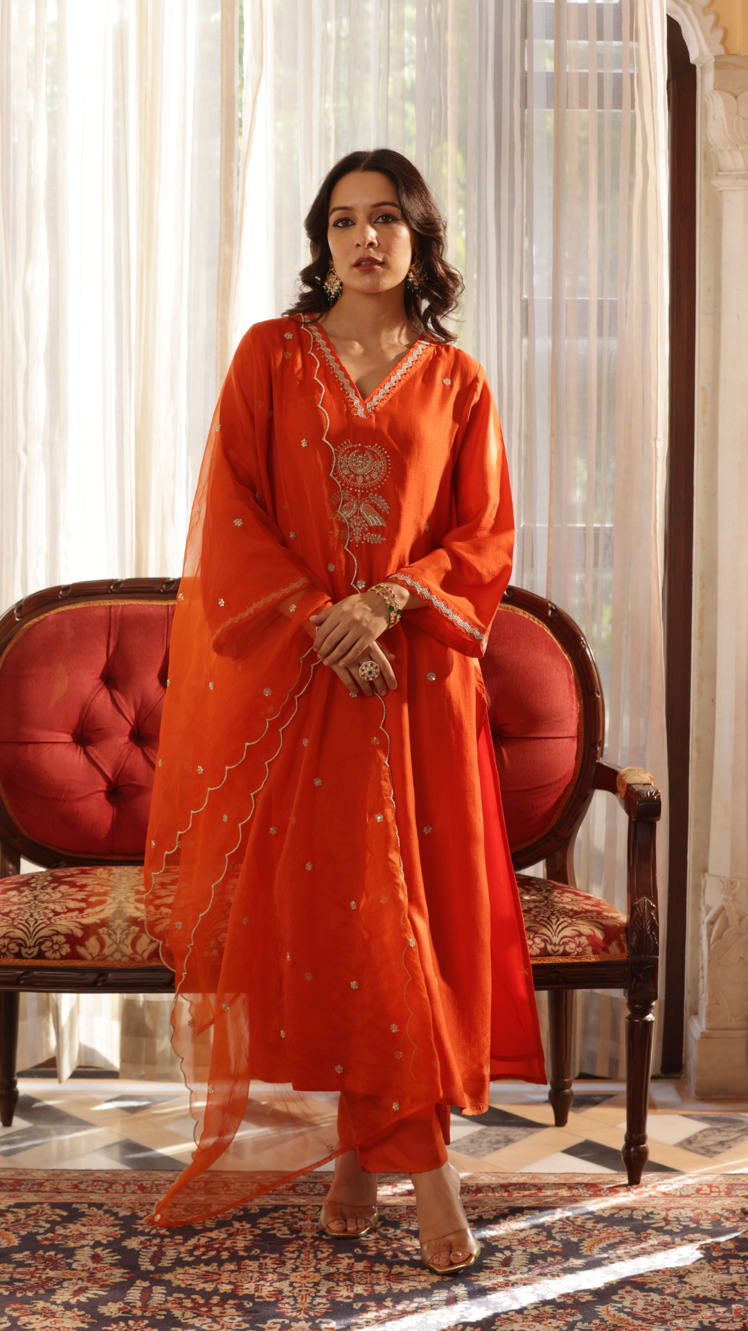 Vivid Orange Silk Suit Set