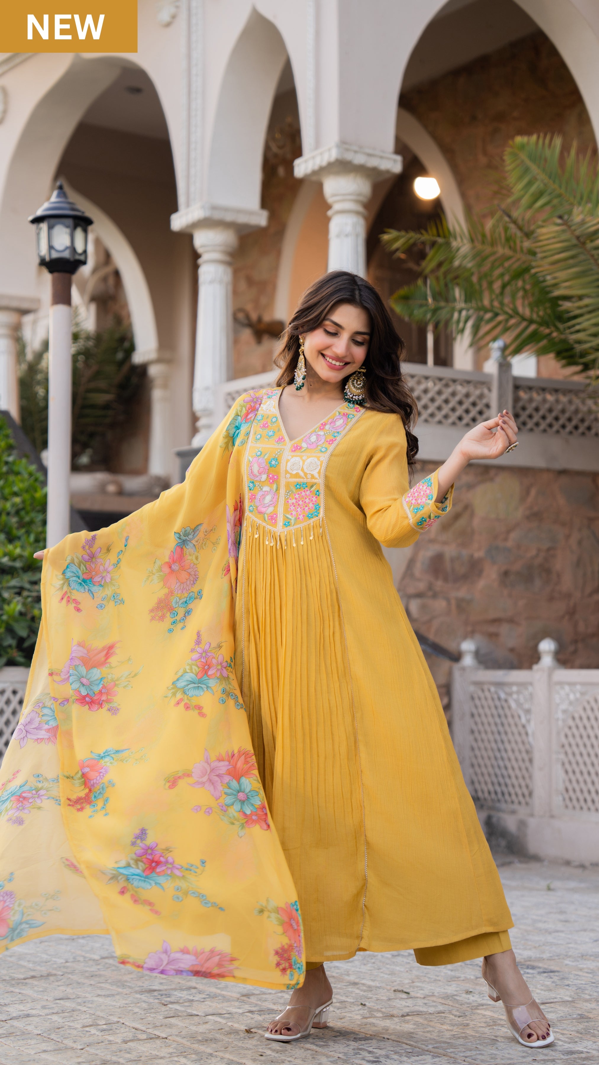 Mustard Yellow Chanderi Embroidered Suit Set
