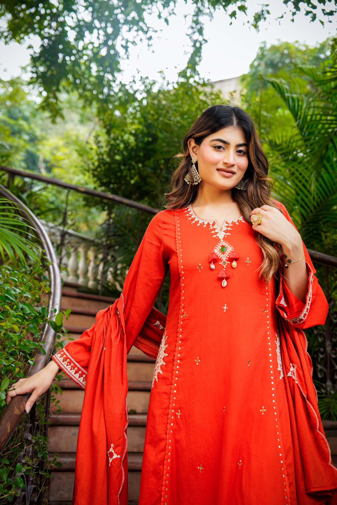 Rust Bloom Flared Mul Cotton Suit Set