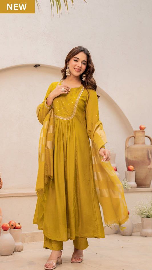 Mustard Bloom Mulberry Silk Suit Set