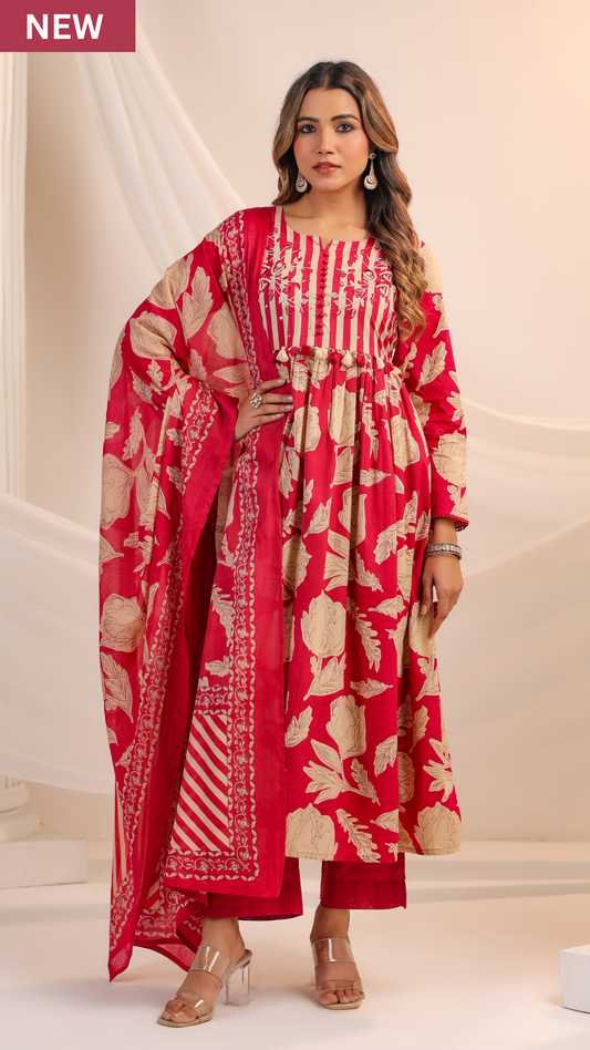 Red Bloom Cotton Suit Set