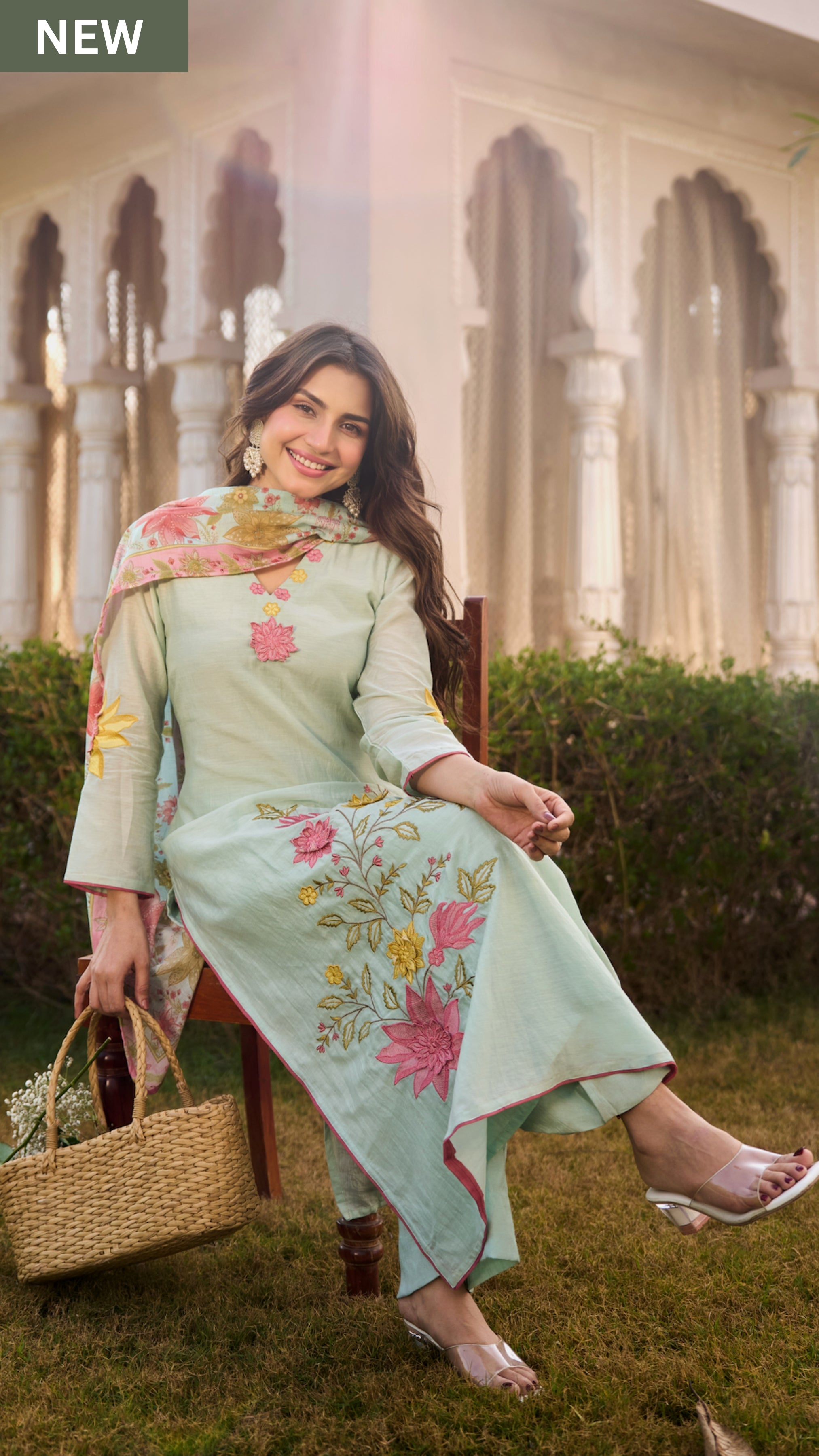Mint Blossom Chanderi Suit Set
