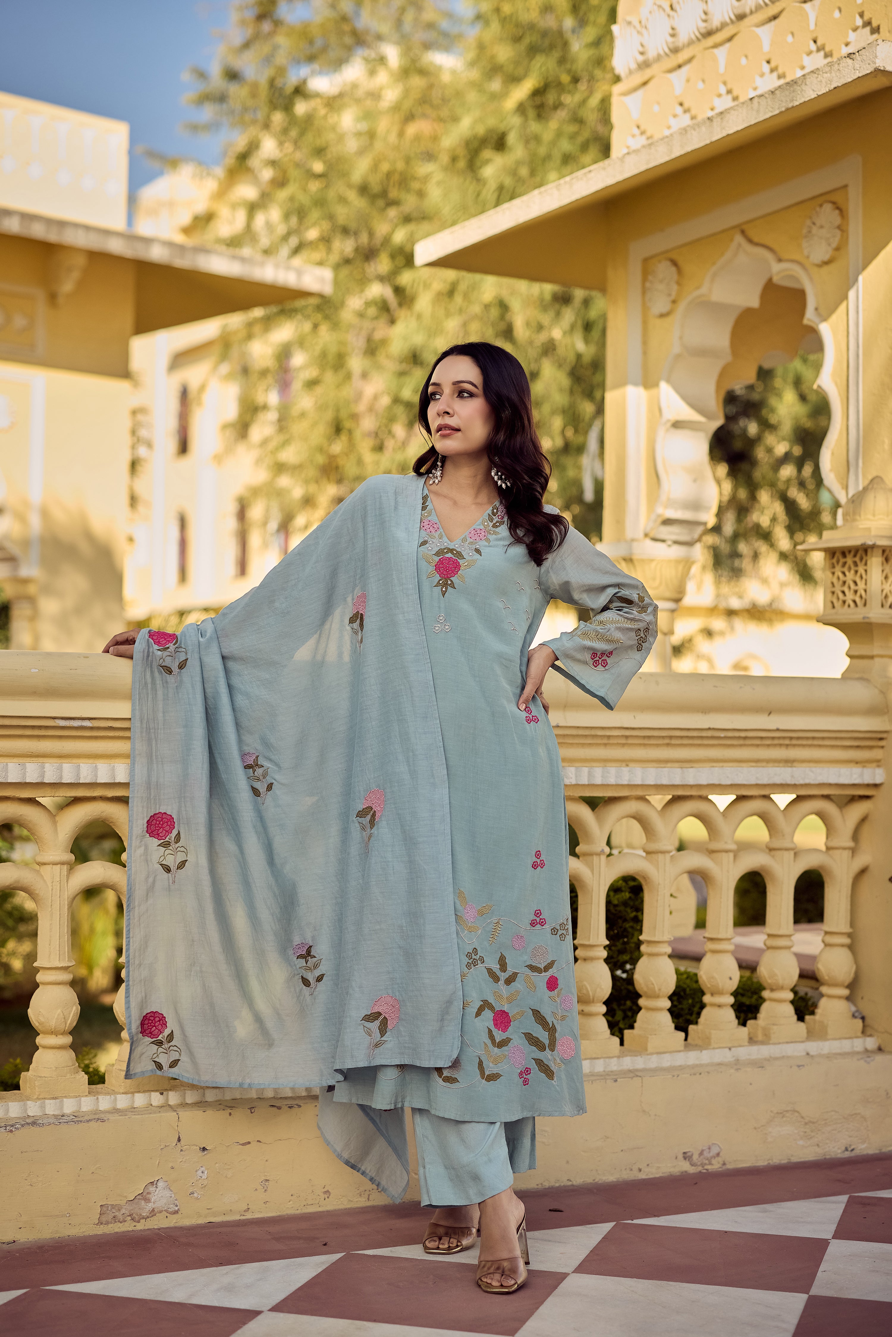 Ocean Mist Chanderi Suit Set