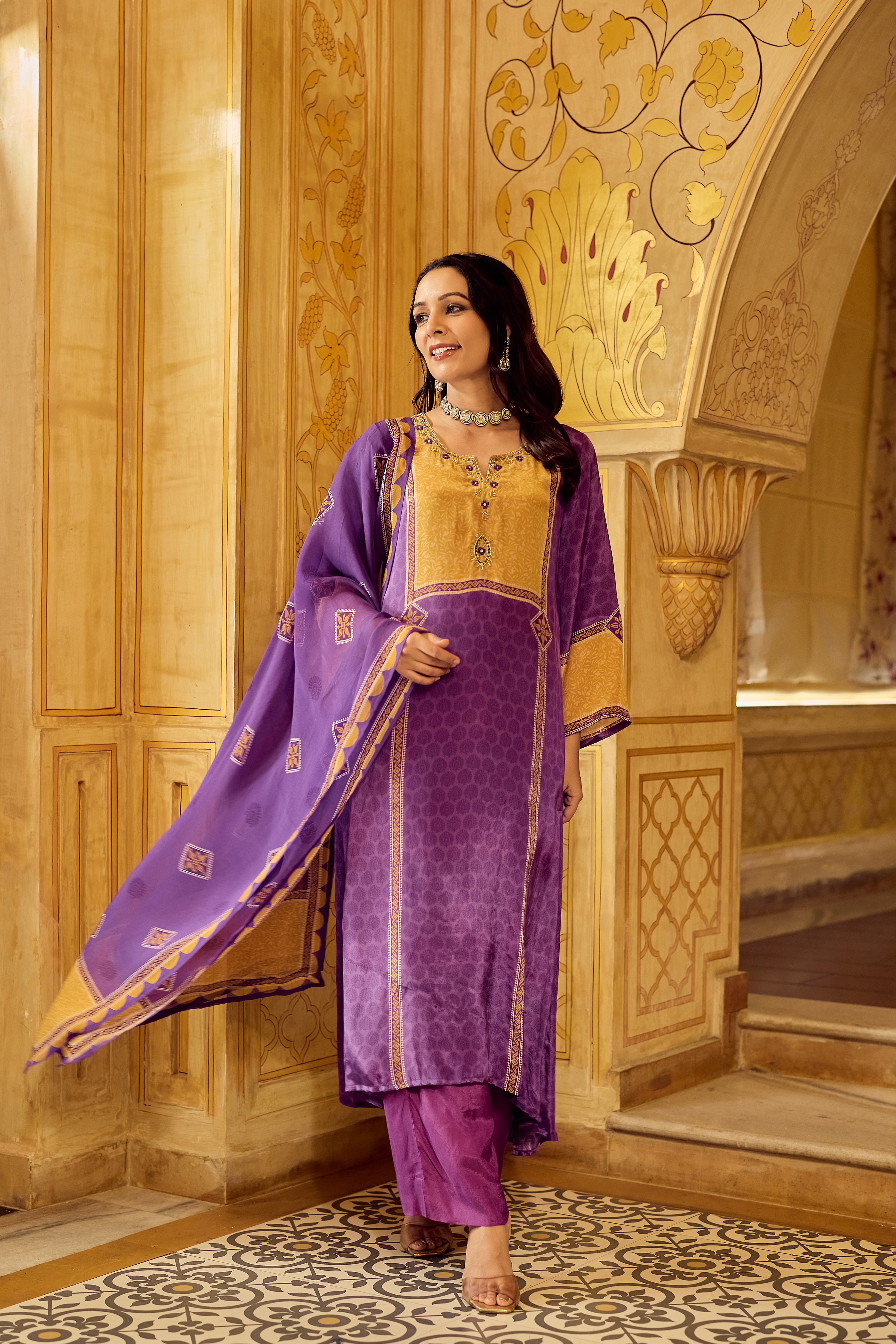Royal Orchid Mustard Crepe Suit Set