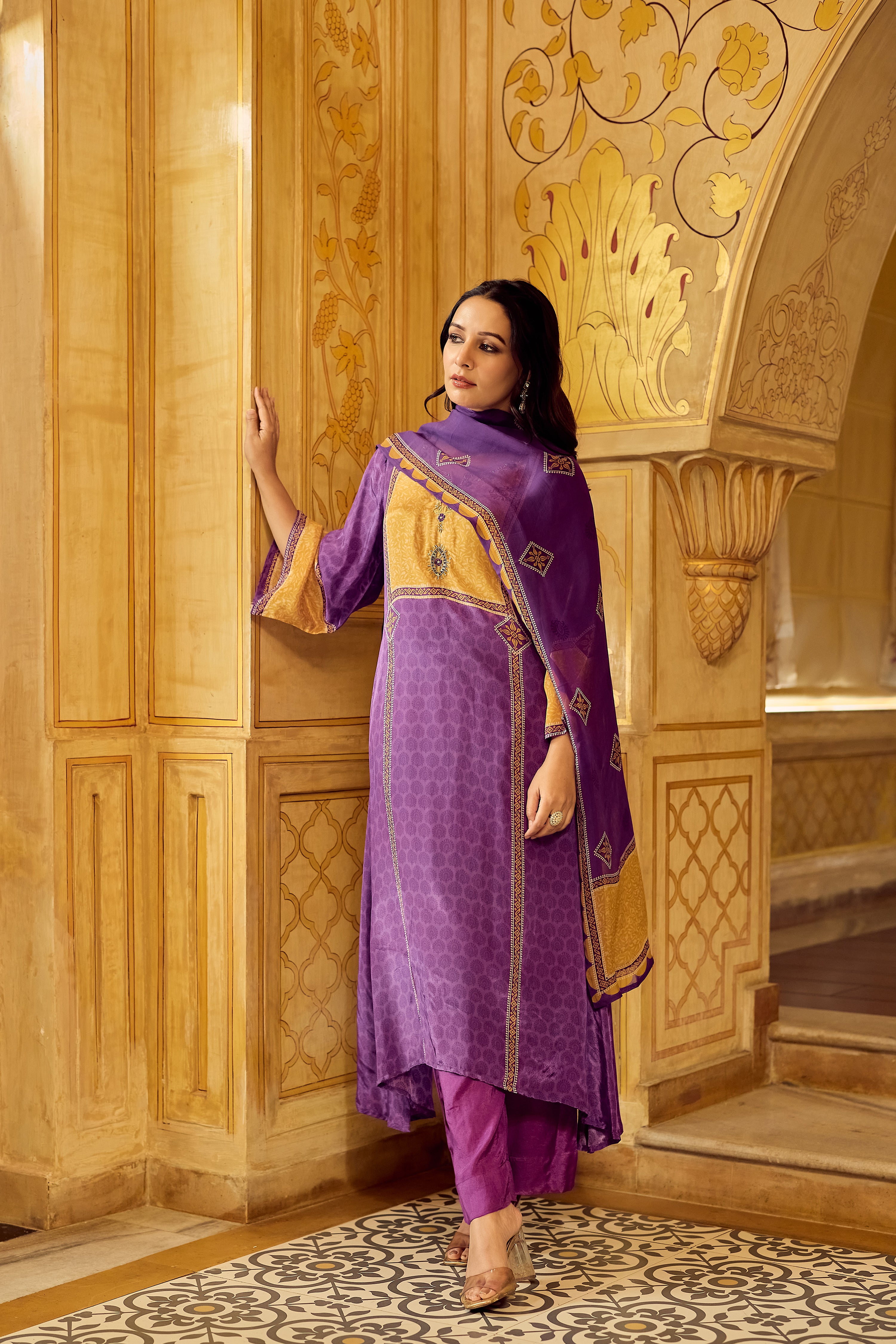 Royal Orchid Mustard Crepe Suit Set