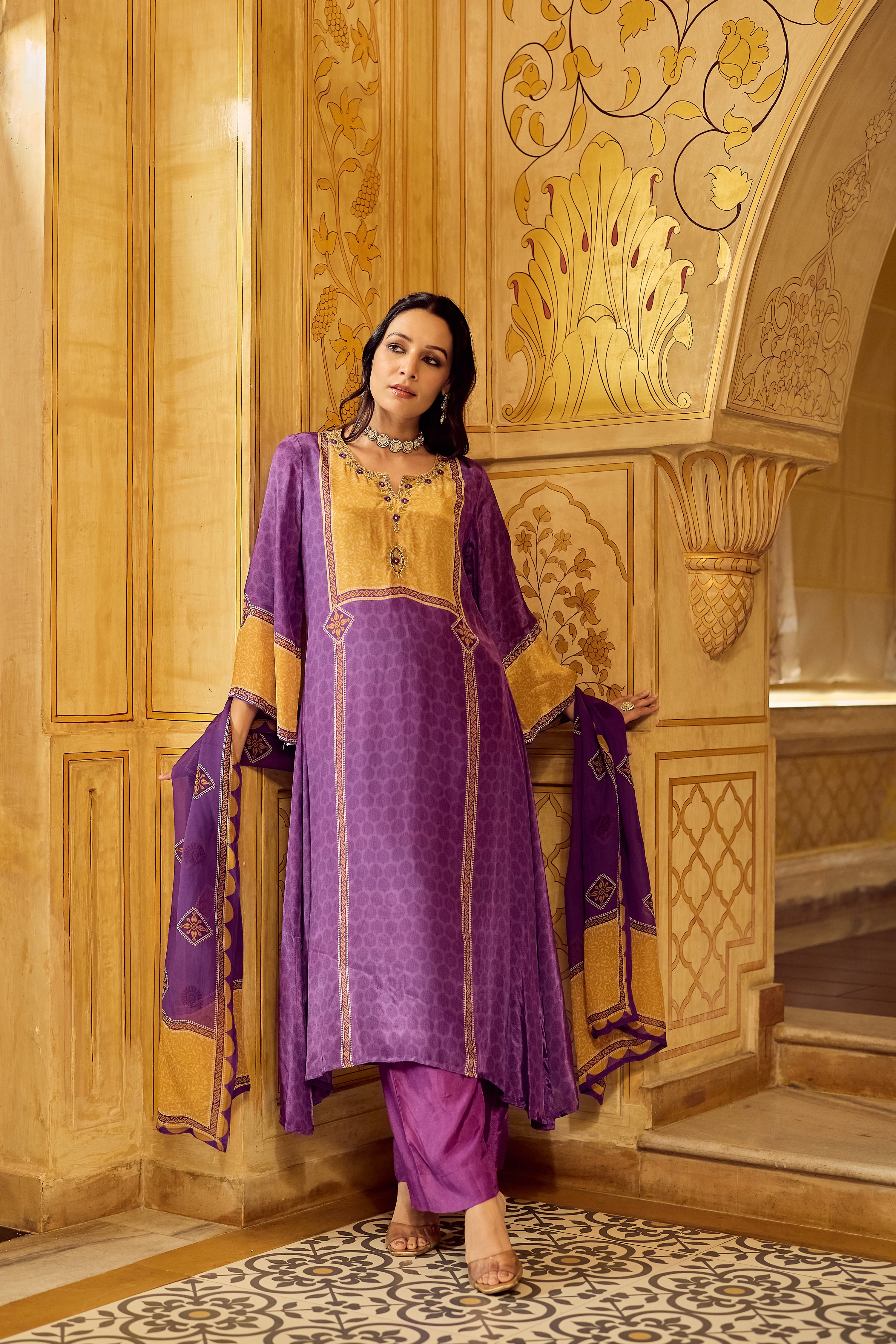 Royal Orchid Mustard Crepe Suit Set