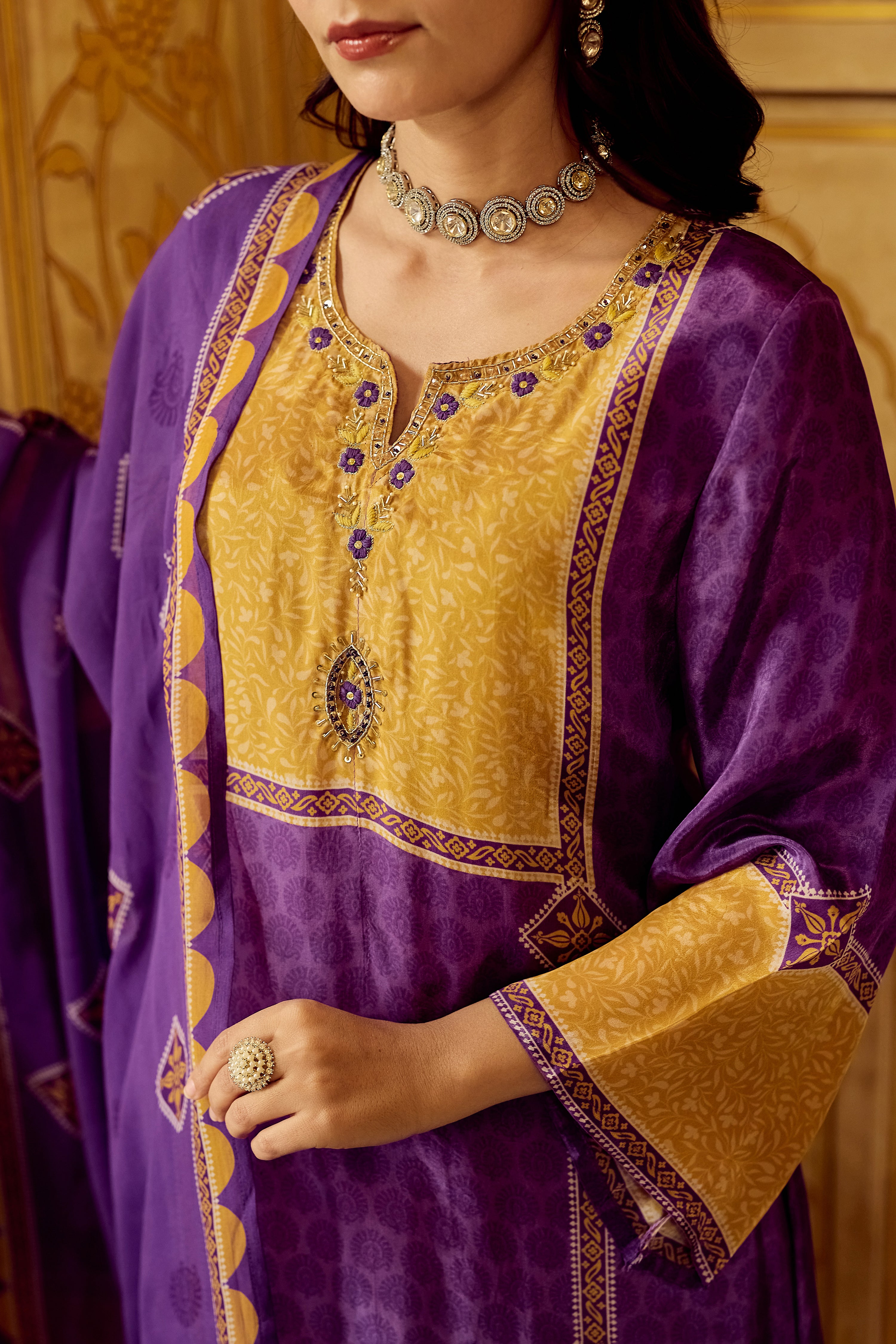 Royal Orchid Mustard Crepe Suit Set