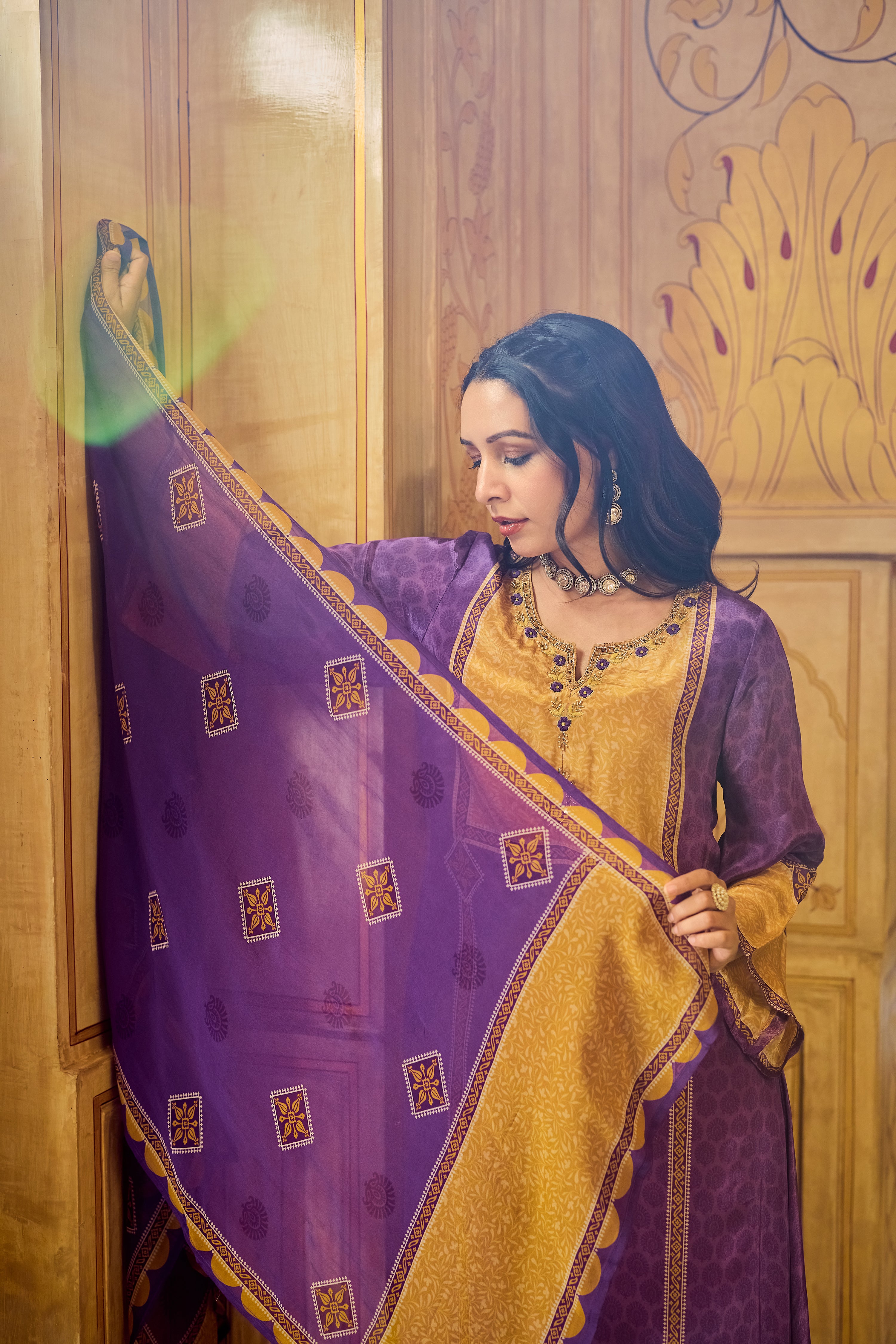 Royal Orchid Mustard Crepe Suit Set