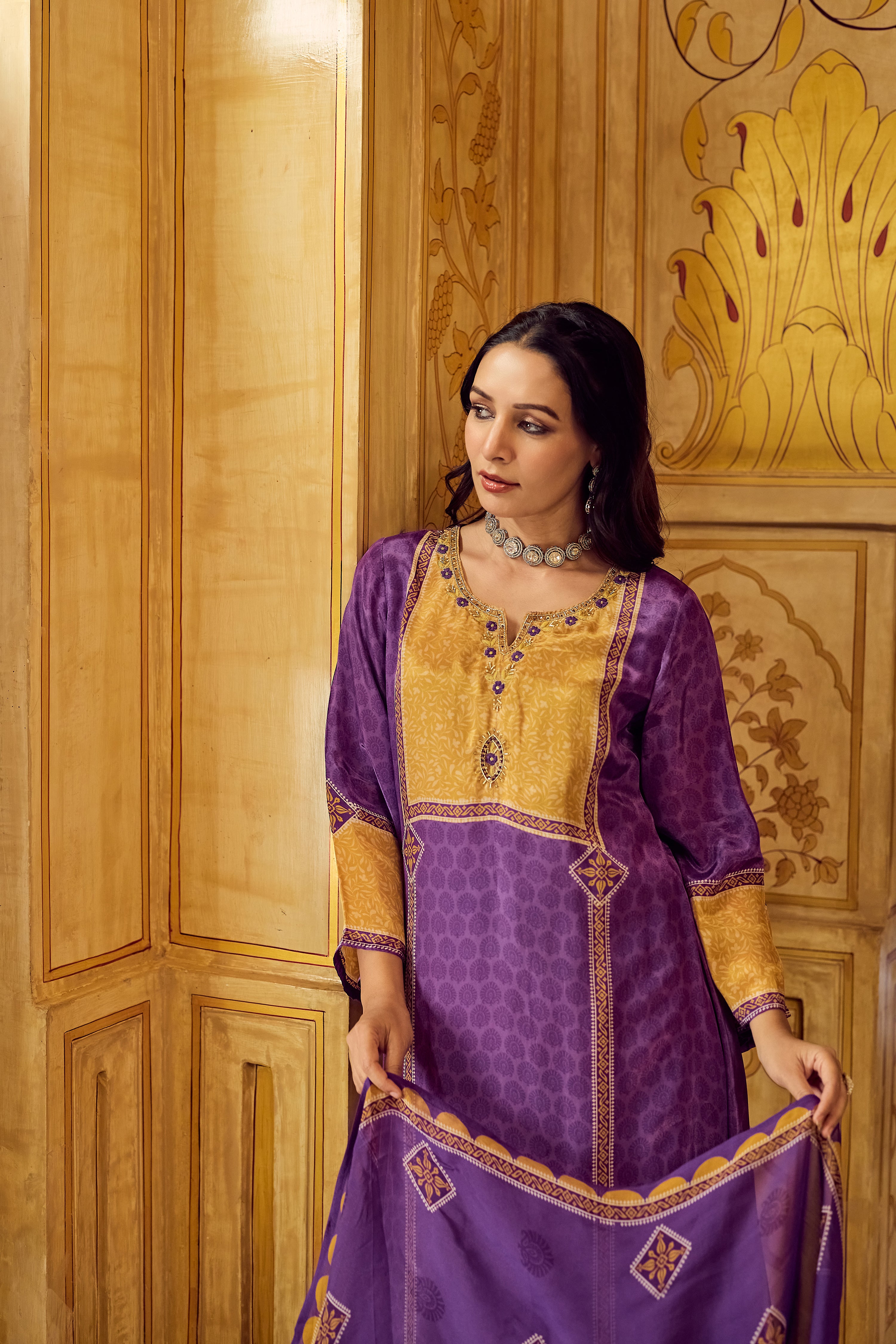 Royal Orchid Mustard Crepe Suit Set