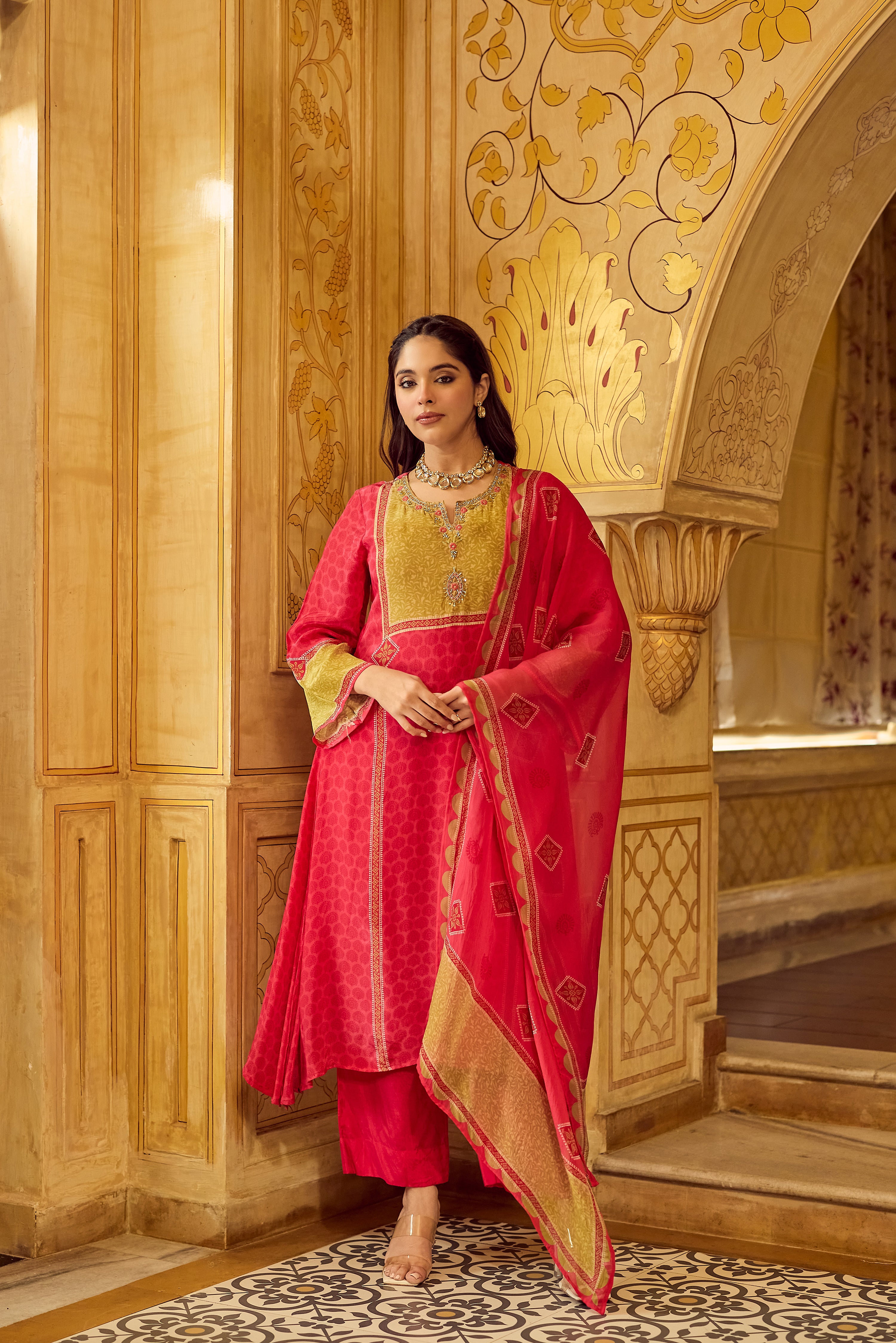 Crimson Mustard Glow Crepe Suit Set