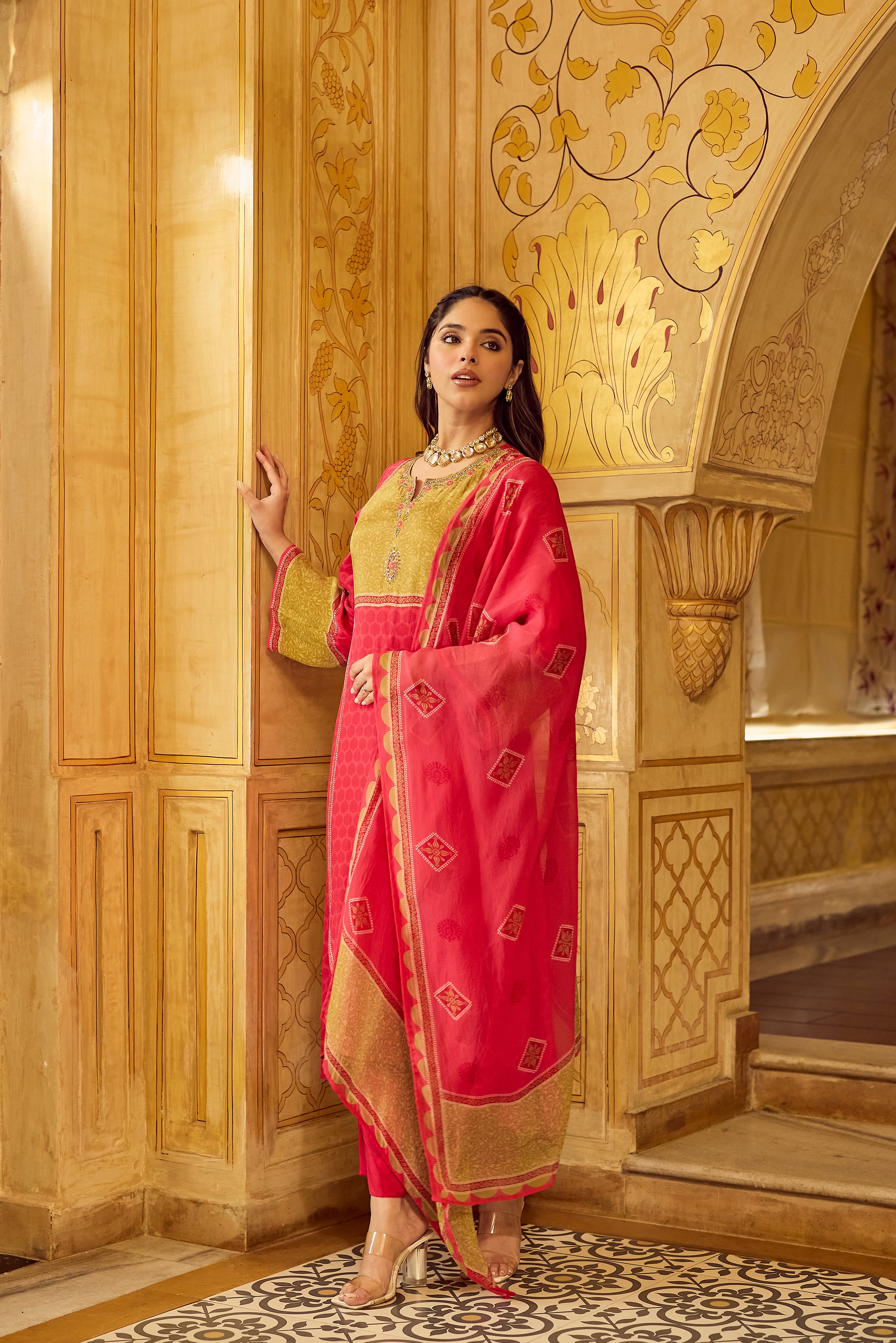 Crimson Mustard Glow Crepe Suit Set