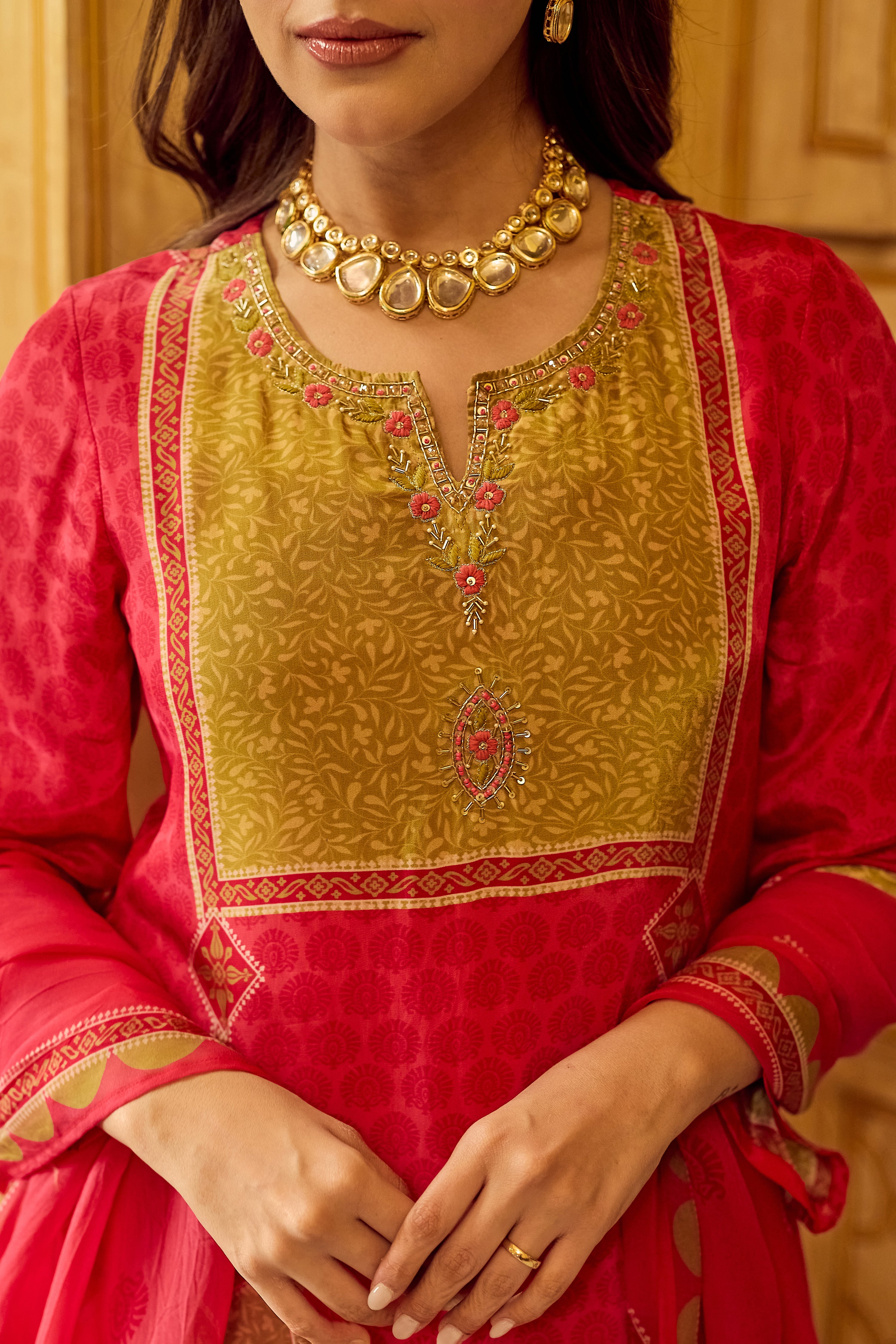 Crimson Mustard Glow Crepe Suit Set