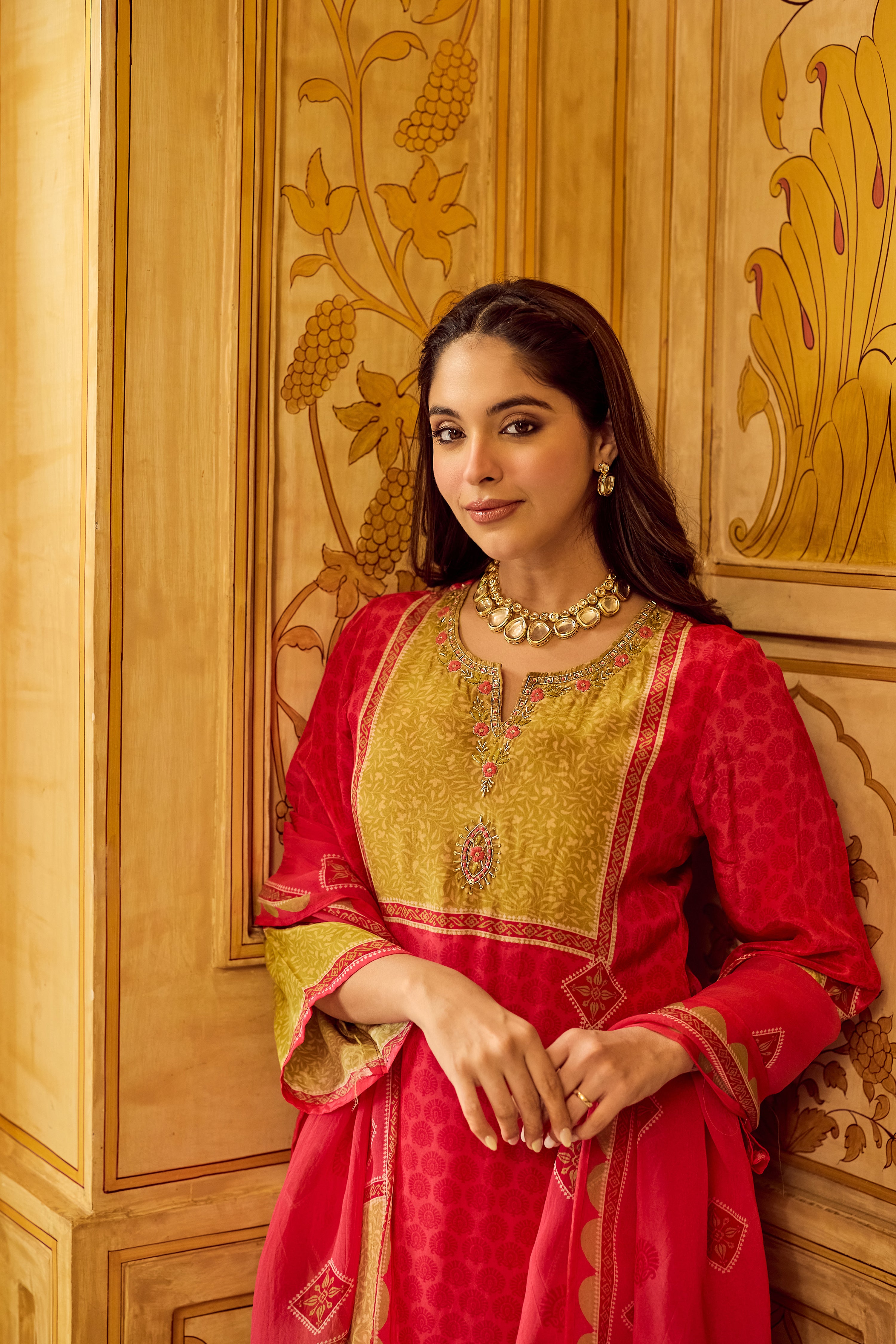 Crimson Mustard Glow Crepe Suit Set