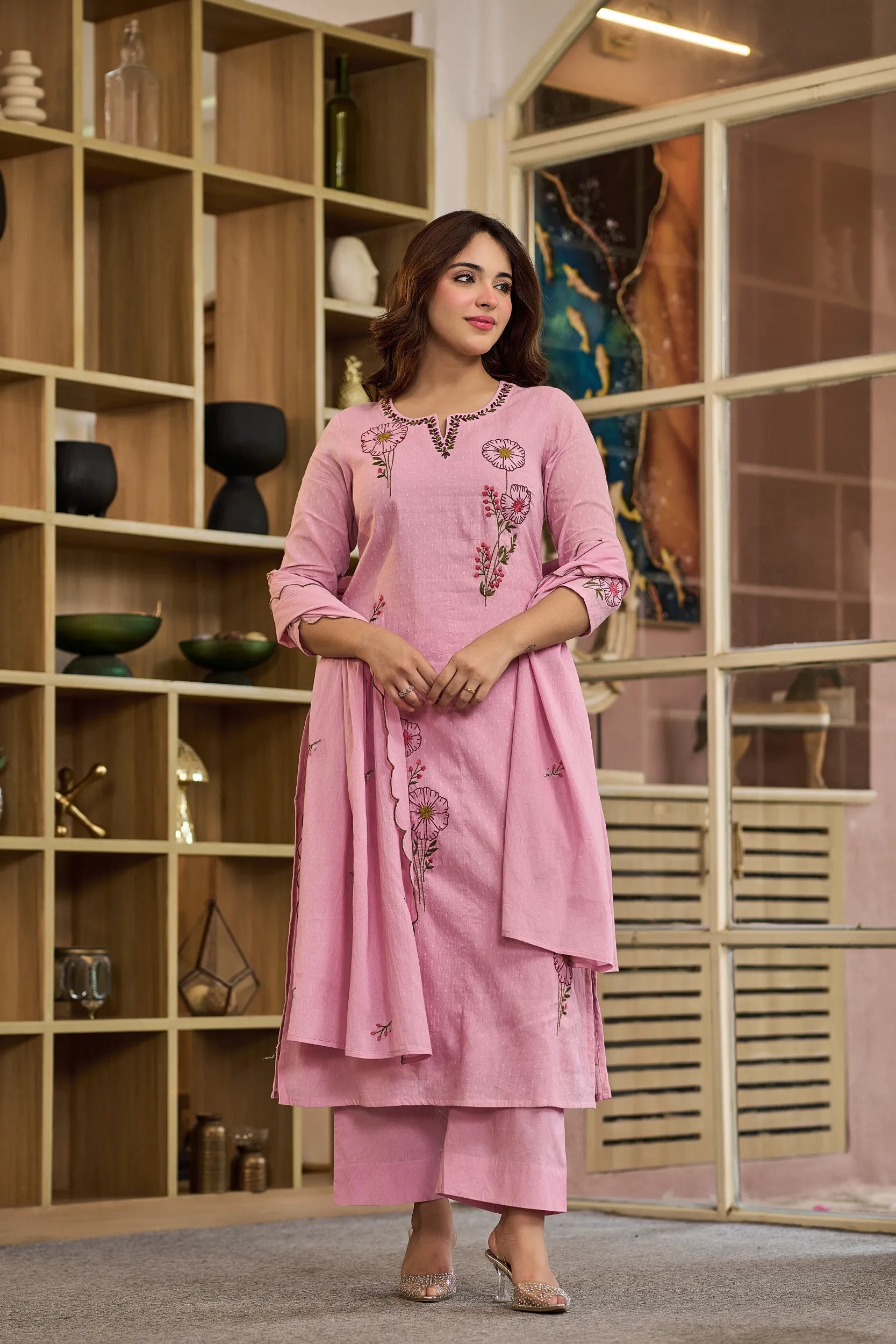 Floral Pink Embroidered Suit Set