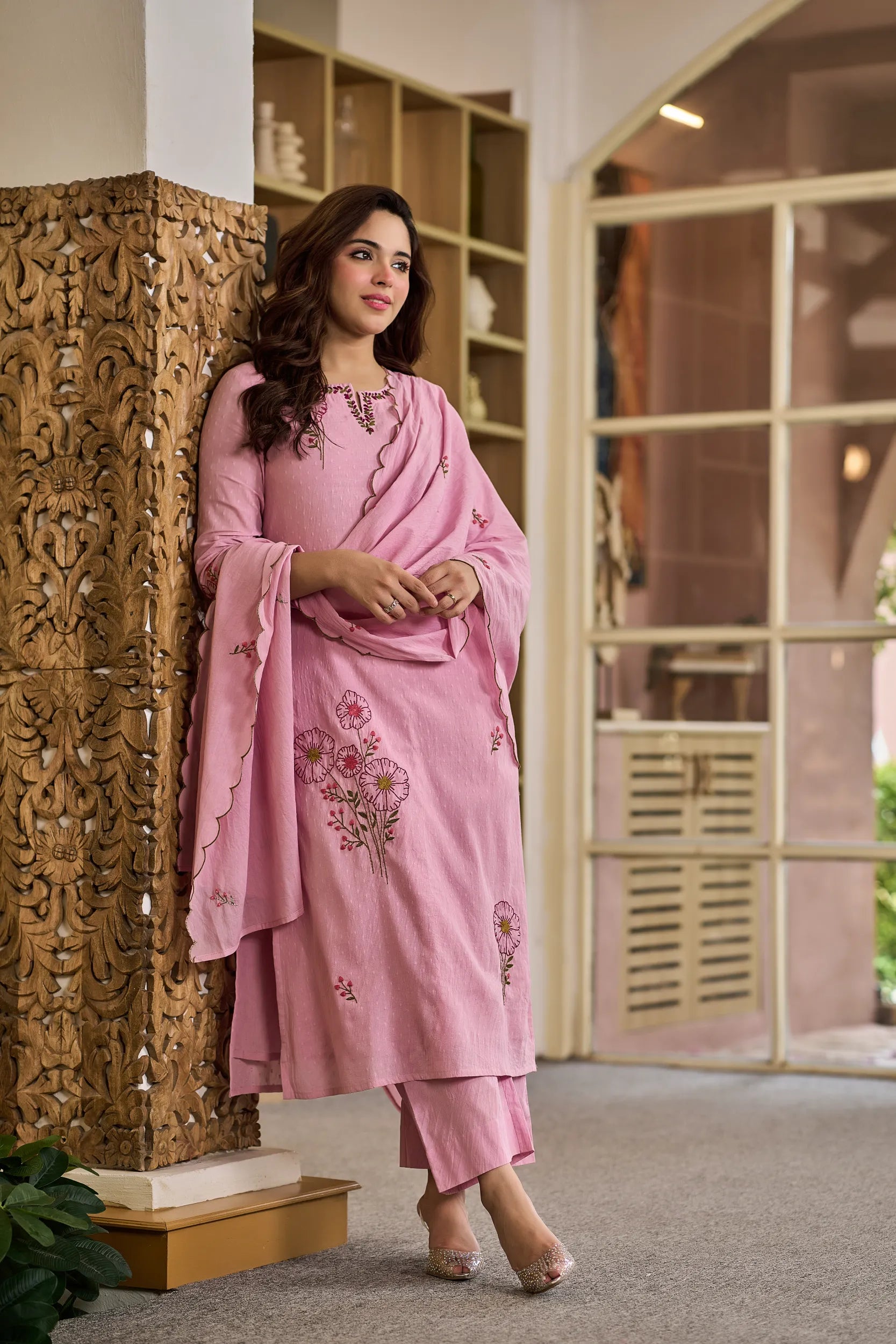 Floral Pink Embroidered Kurta Set