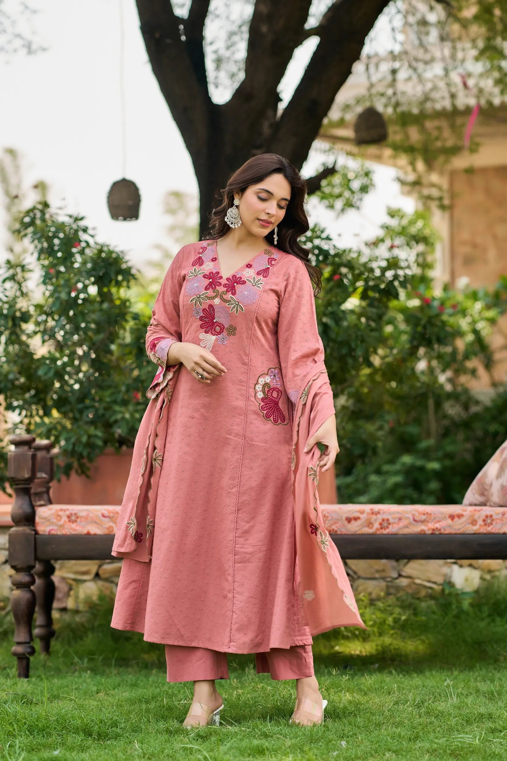 Pink Bloom Embroidered Set