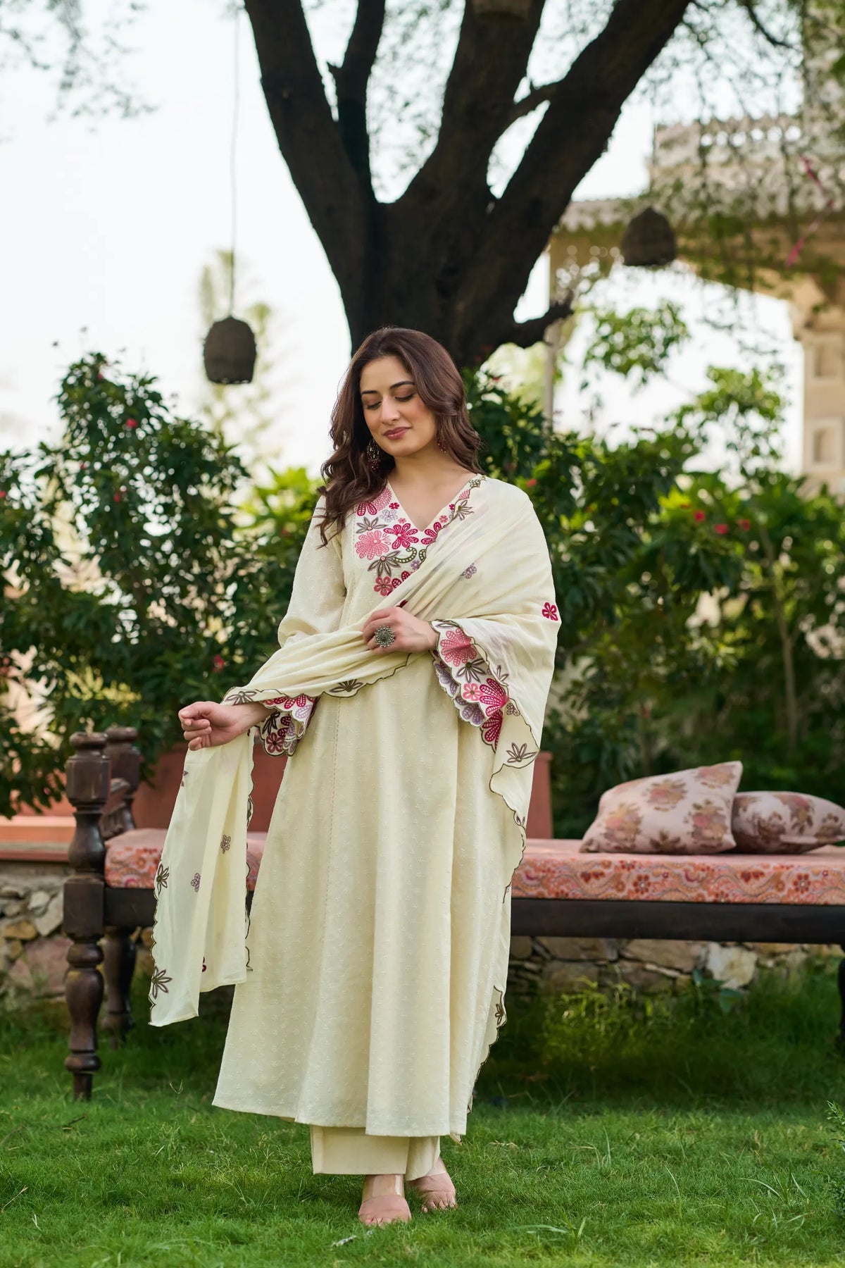 Ivory Petal Embroidered Kurta Set