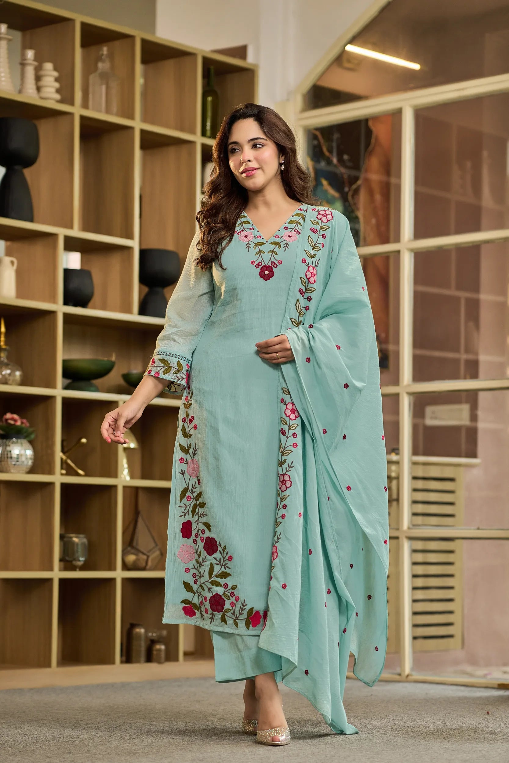Aqua Embroidered Suit Set