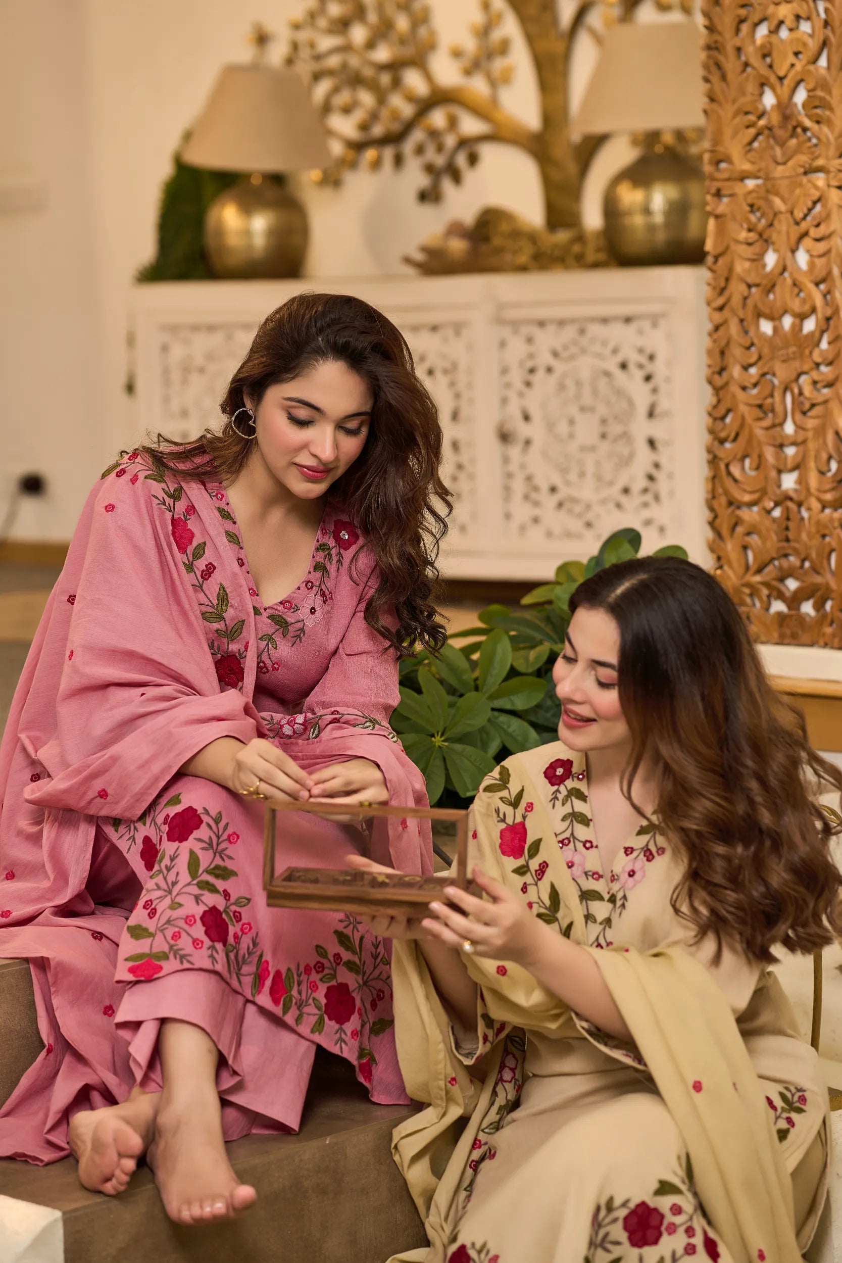 Sand Embroidered Suit Set