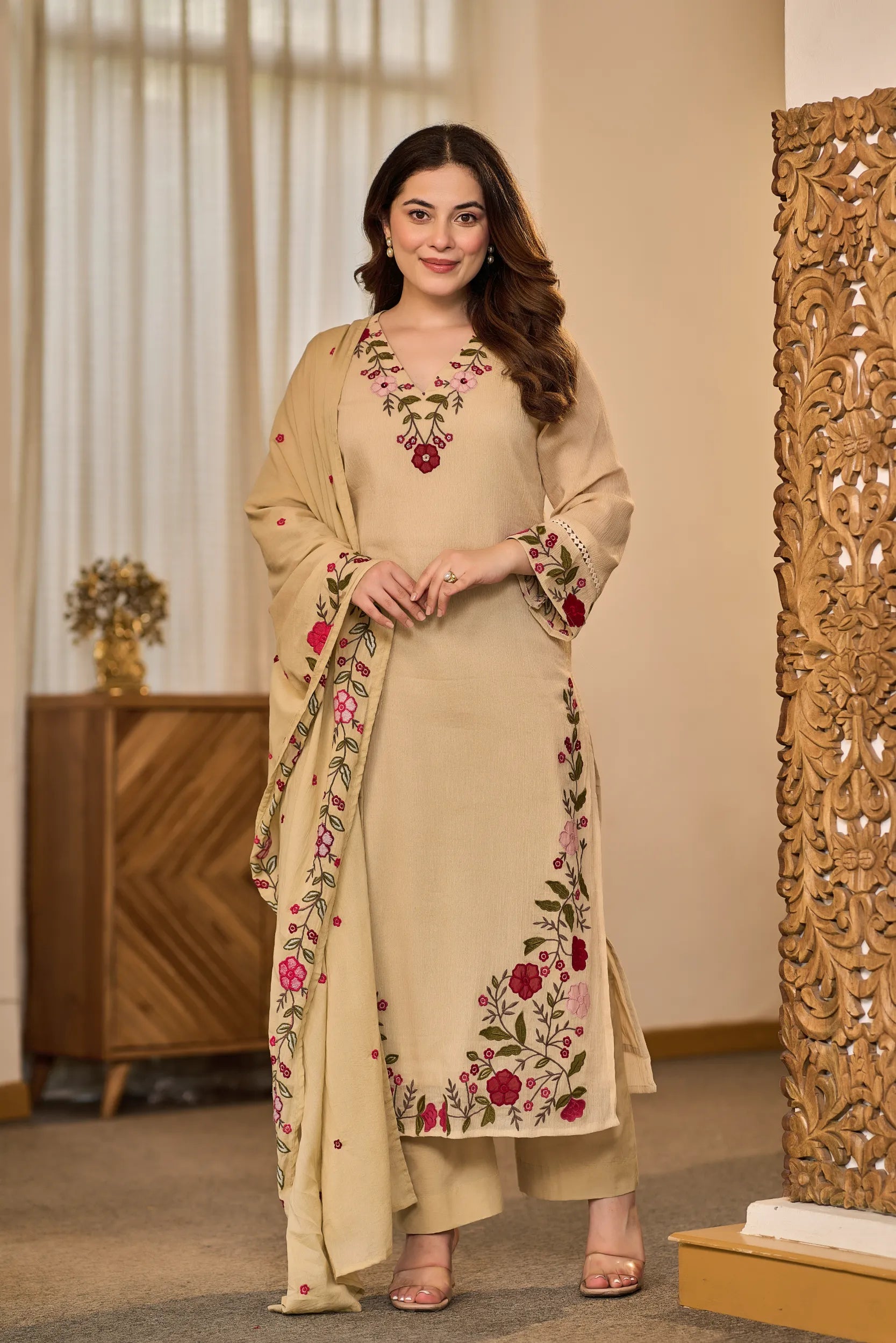 Sand Embroidered Suit Set