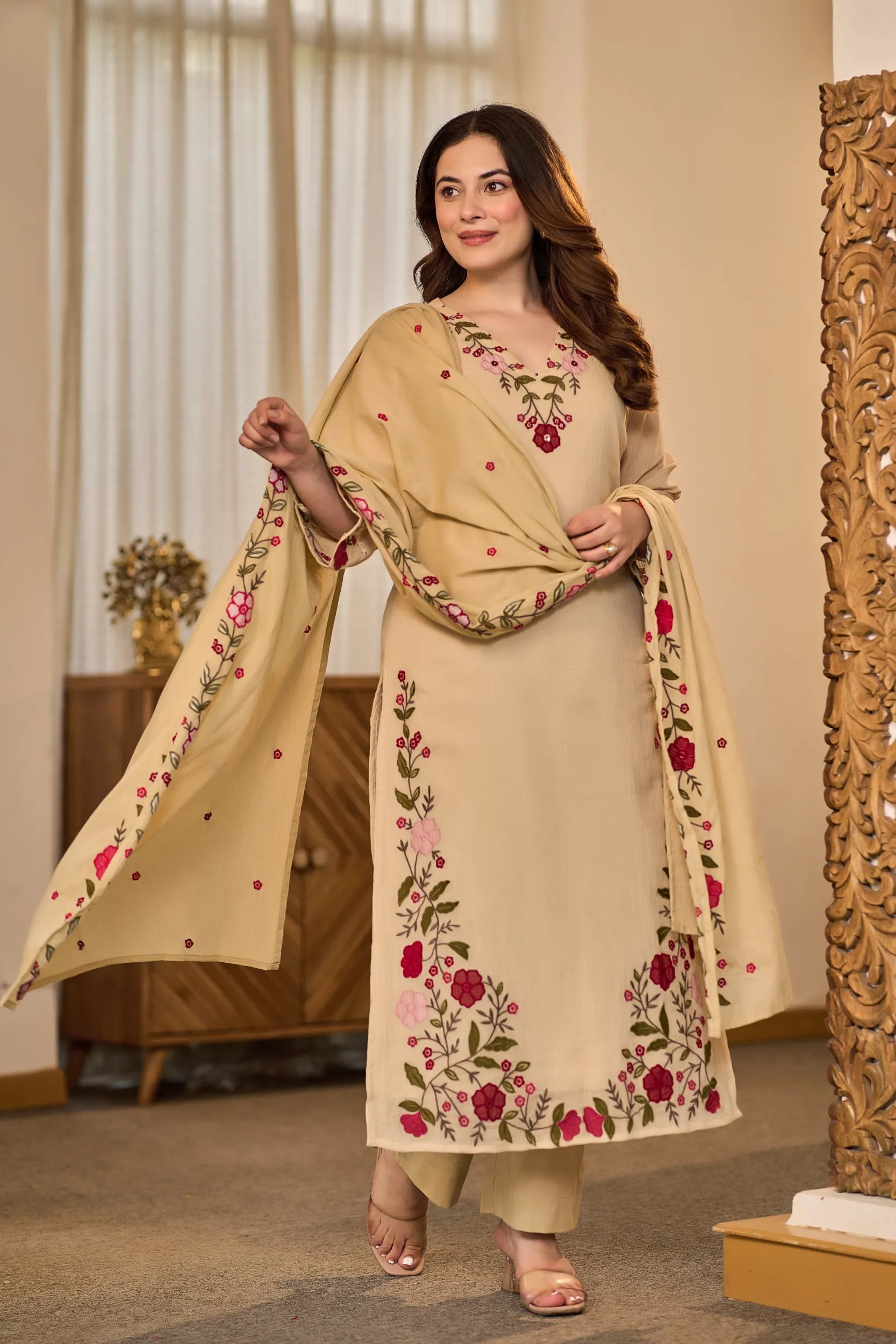 Sand Embroidered Suit Set
