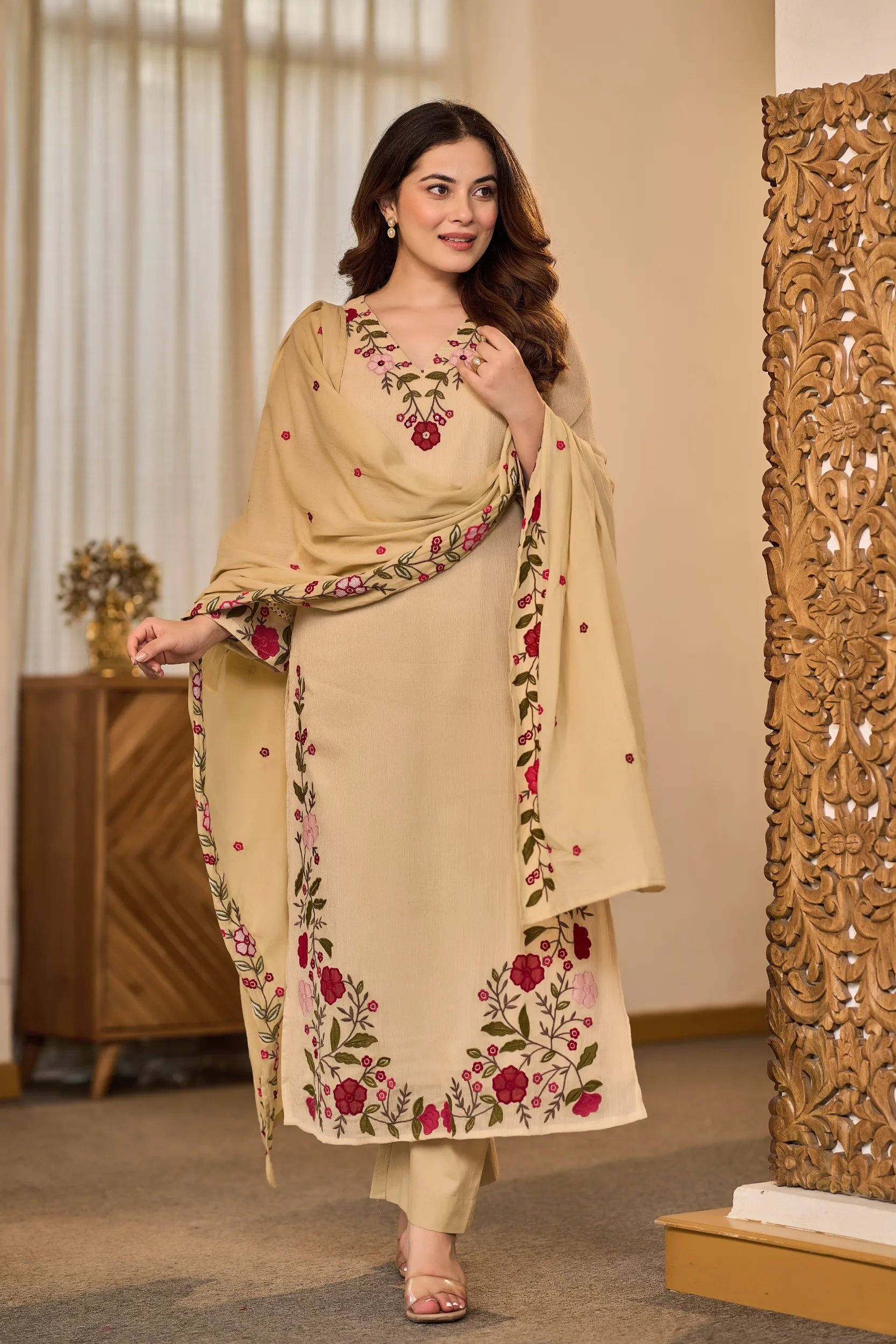 Sand Embroidered Suit Set