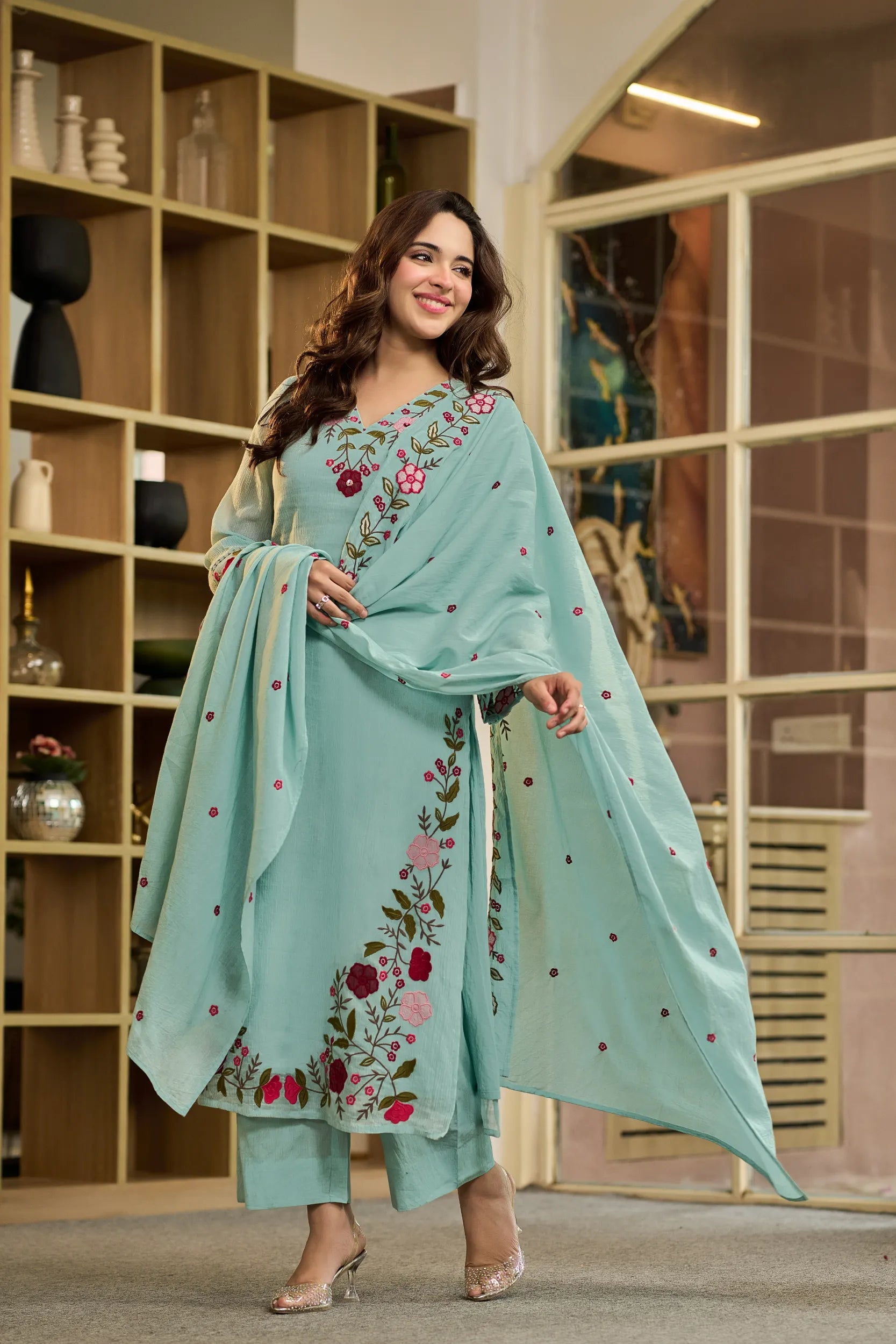 Aqua Embroidered Suit Set