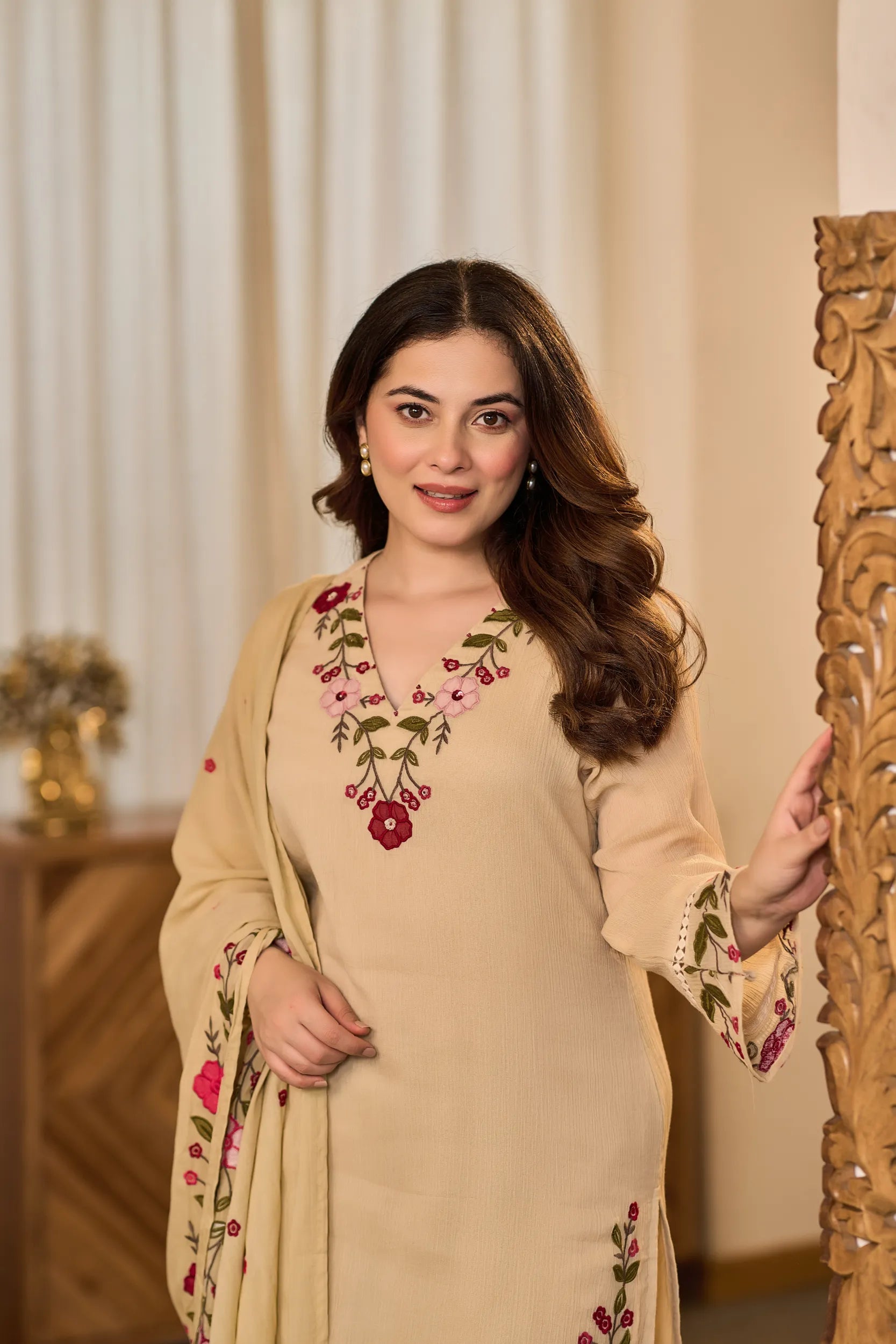 Sand Embroidered Suit Set
