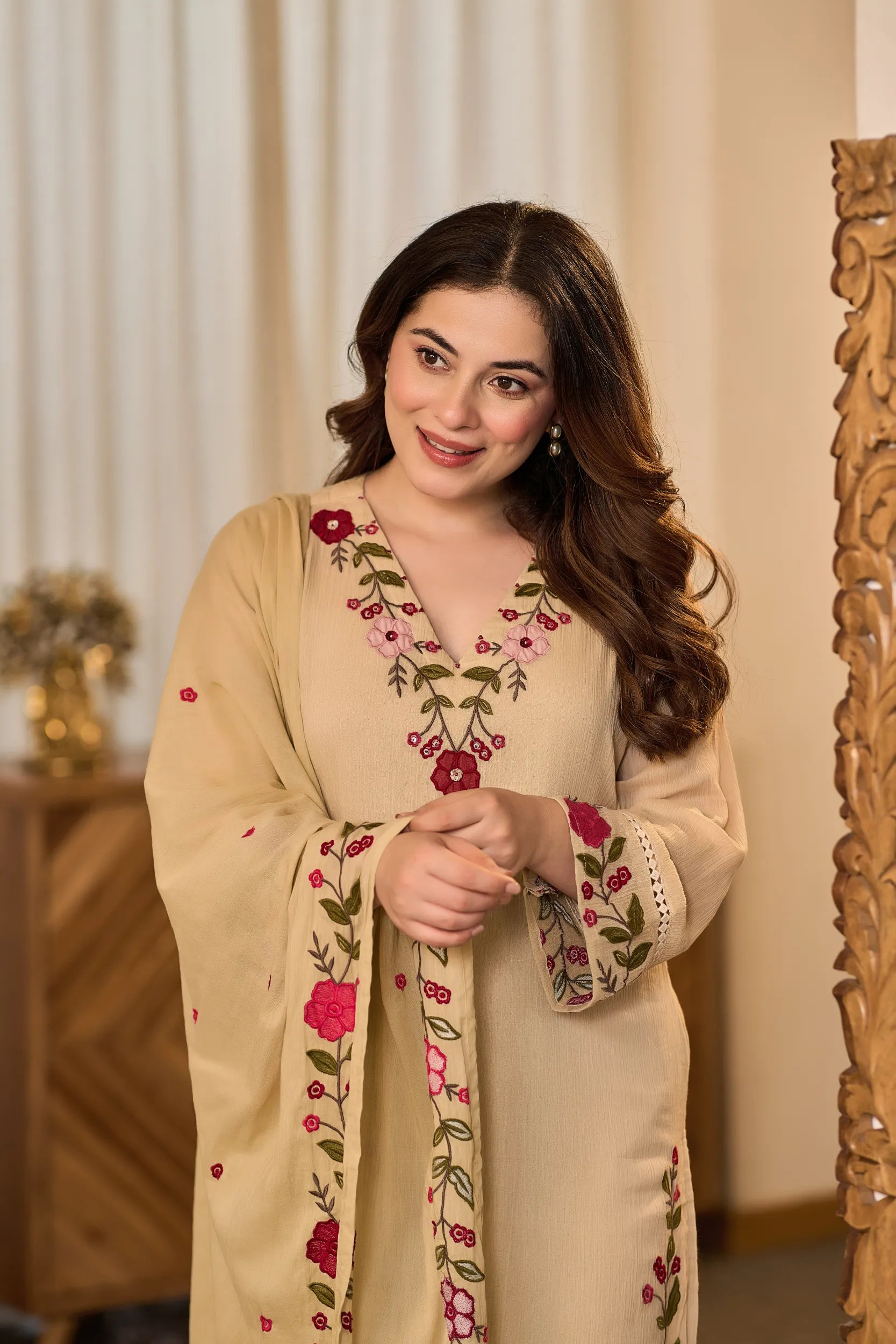 Sand Embroidered Suit Set